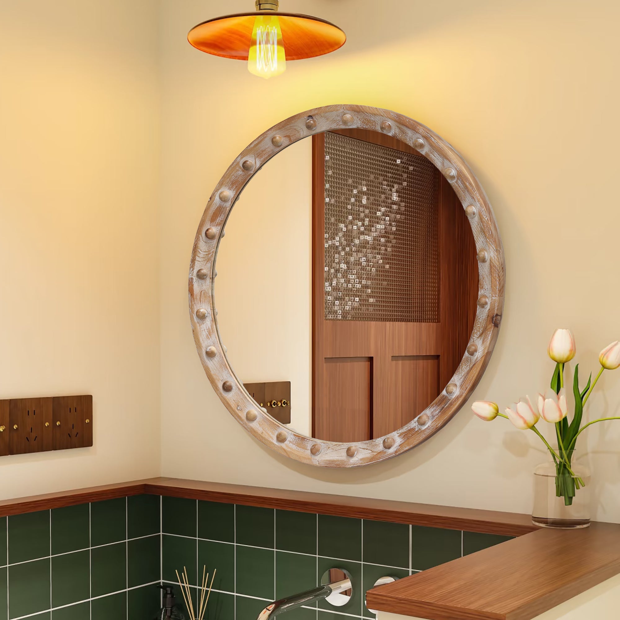 23.62 in. Round Distressed Wood Frame Wall Mirror with Rivet Detail, Rustic Farmhouse Decorative Mirror for Bathroom, Bedroom & Entryway