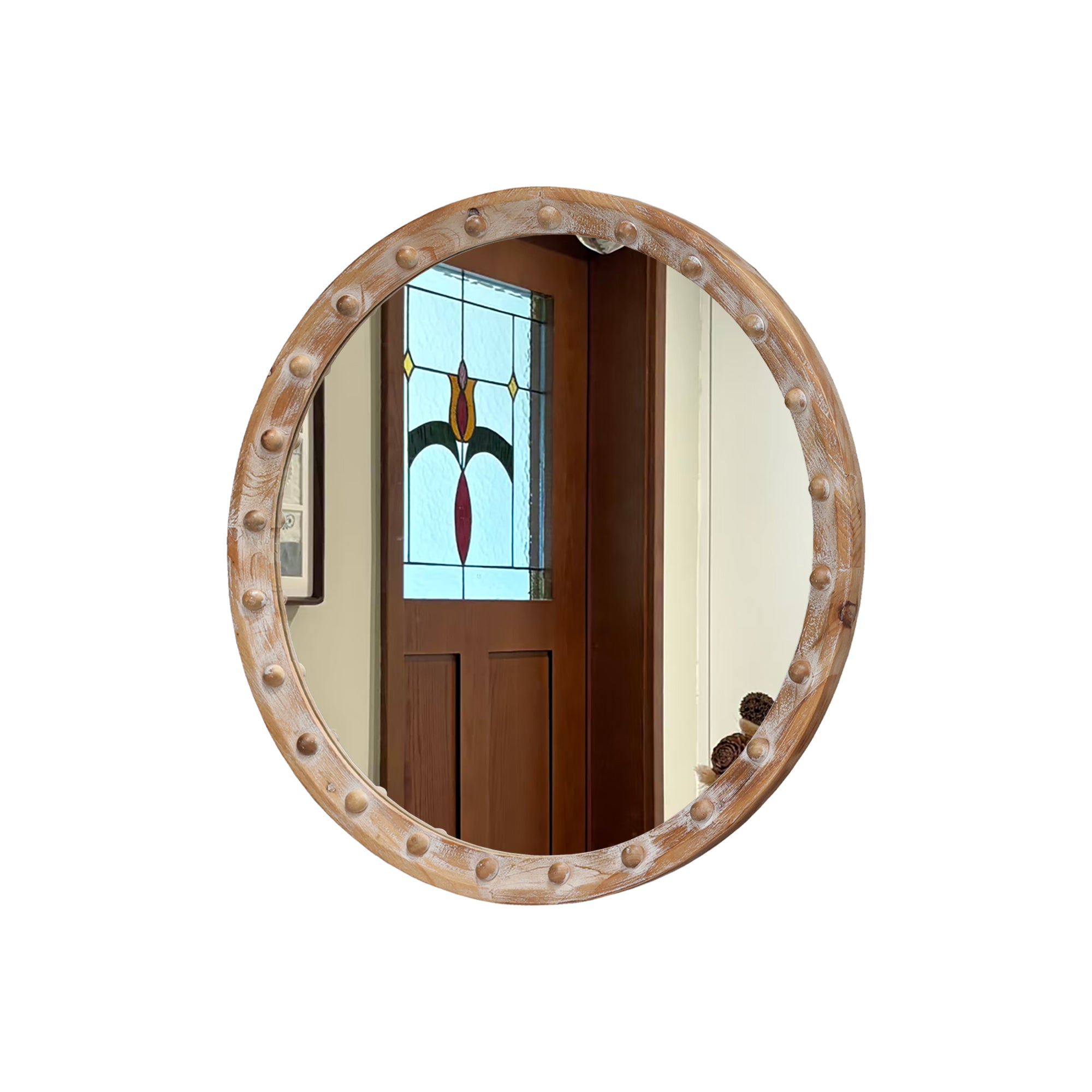 23.62 in. Round Distressed Wood Frame Wall Mirror with Rivet Detail, Rustic Farmhouse Decorative Mirror for Bathroom, Bedroom & Entryway