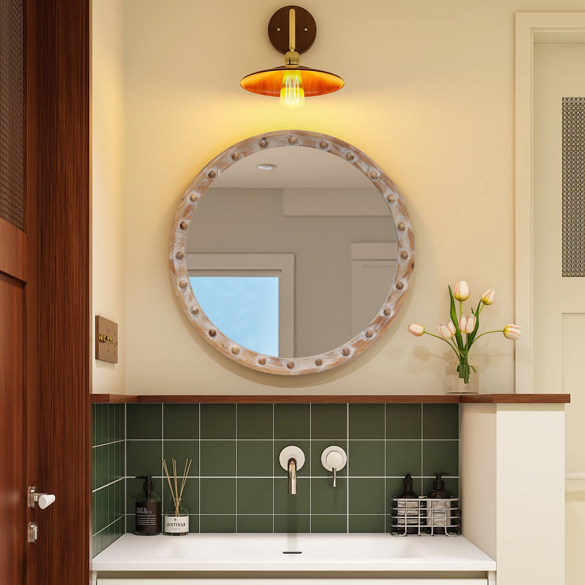 23.62 in. Round Distressed Wood Frame Wall Mirror with Rivet Detail, Rustic Farmhouse Decorative Mirror for Bathroom, Bedroom & Entryway
