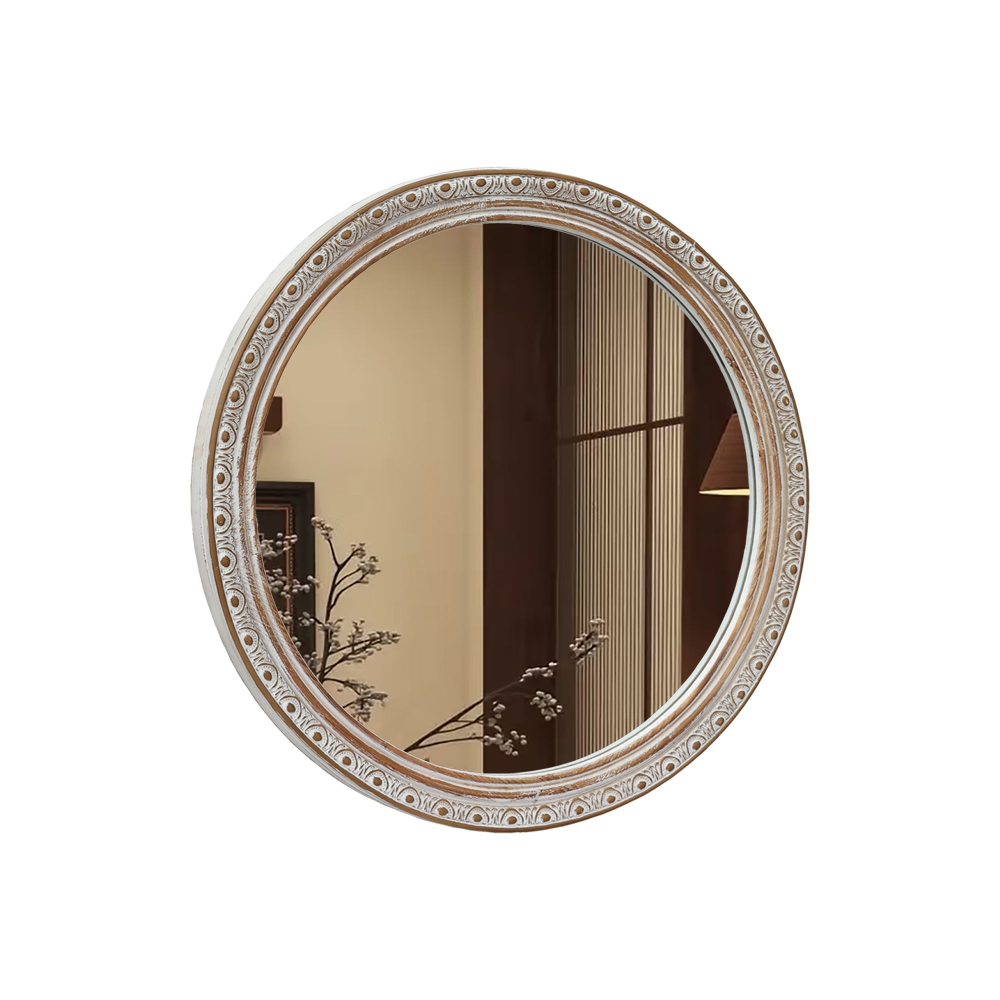 23.62 in. Distressed Silver-Gold Round Wall Mirror, Ornate Carved Wood Frame Decorative Mirror for Bathroom, Bedroom & Entryway