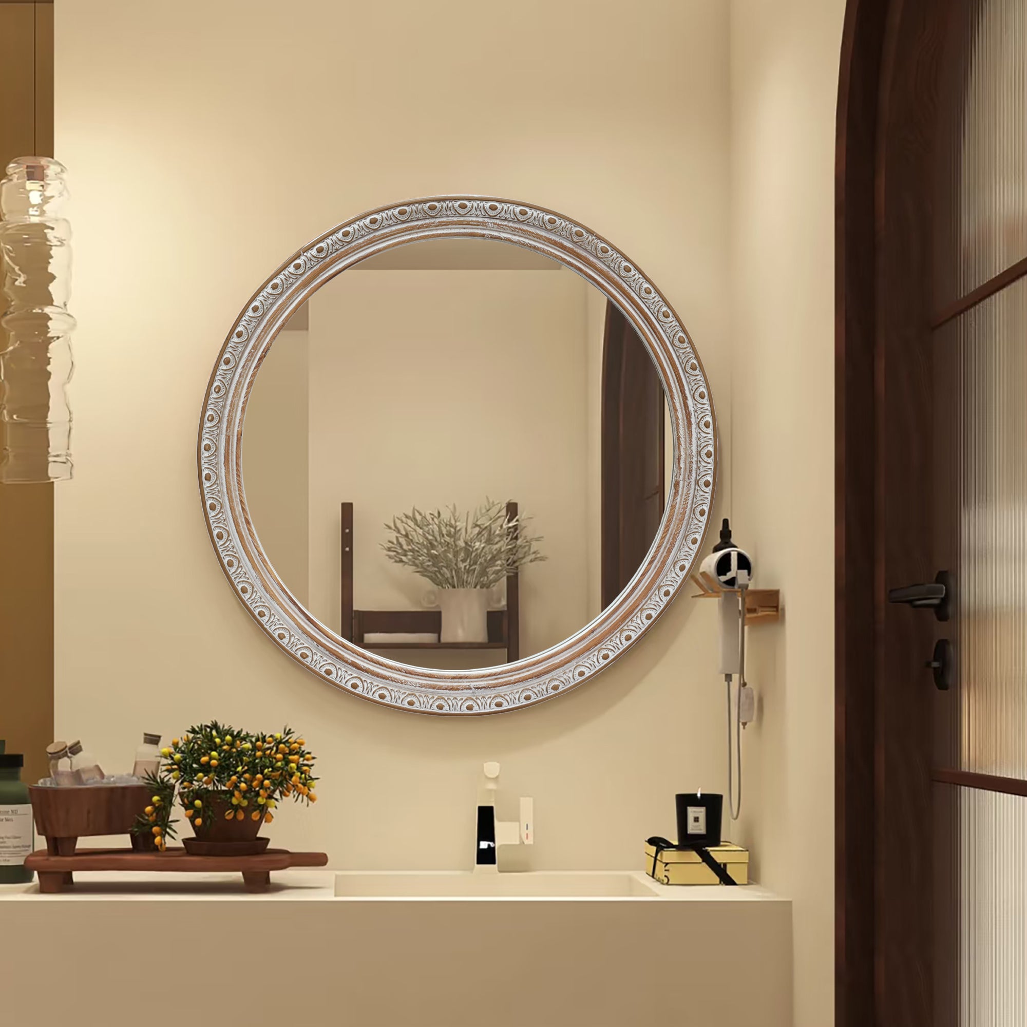 23.62 in. Distressed Silver-Gold Round Wall Mirror, Ornate Carved Wood Frame Decorative Mirror for Bathroom, Bedroom & Entryway