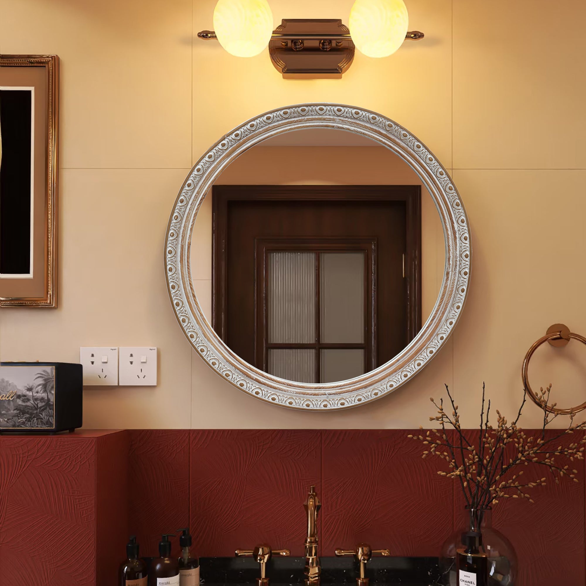 23.62 in. Distressed Silver-Gold Round Wall Mirror, Ornate Carved Wood Frame Decorative Mirror for Bathroom, Bedroom & Entryway