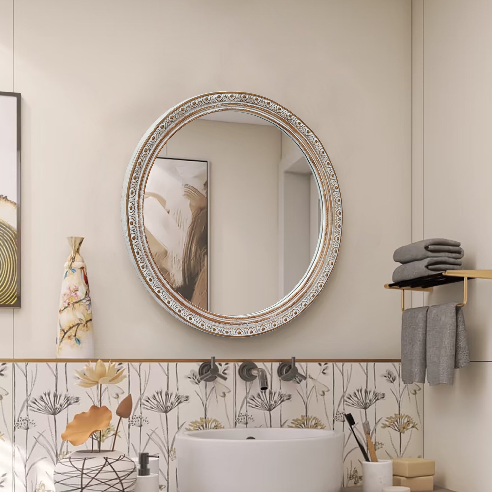 23.62 in. Distressed Silver-Gold Round Wall Mirror, Ornate Carved Wood Frame Decorative Mirror for Bathroom, Bedroom & Entryway