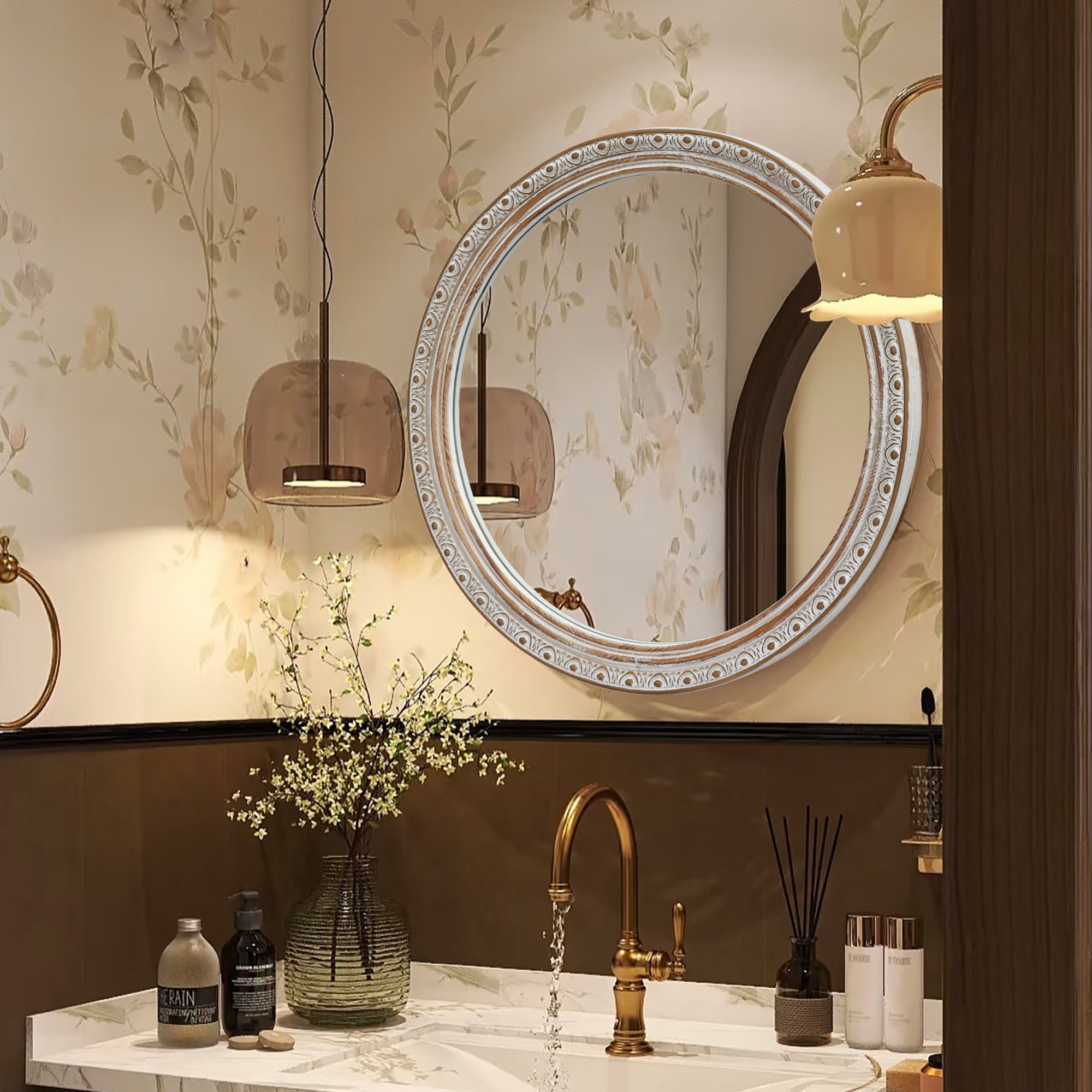 23.62 in. Distressed Silver-Gold Round Wall Mirror, Ornate Carved Wood Frame Decorative Mirror for Bathroom, Bedroom & Entryway
