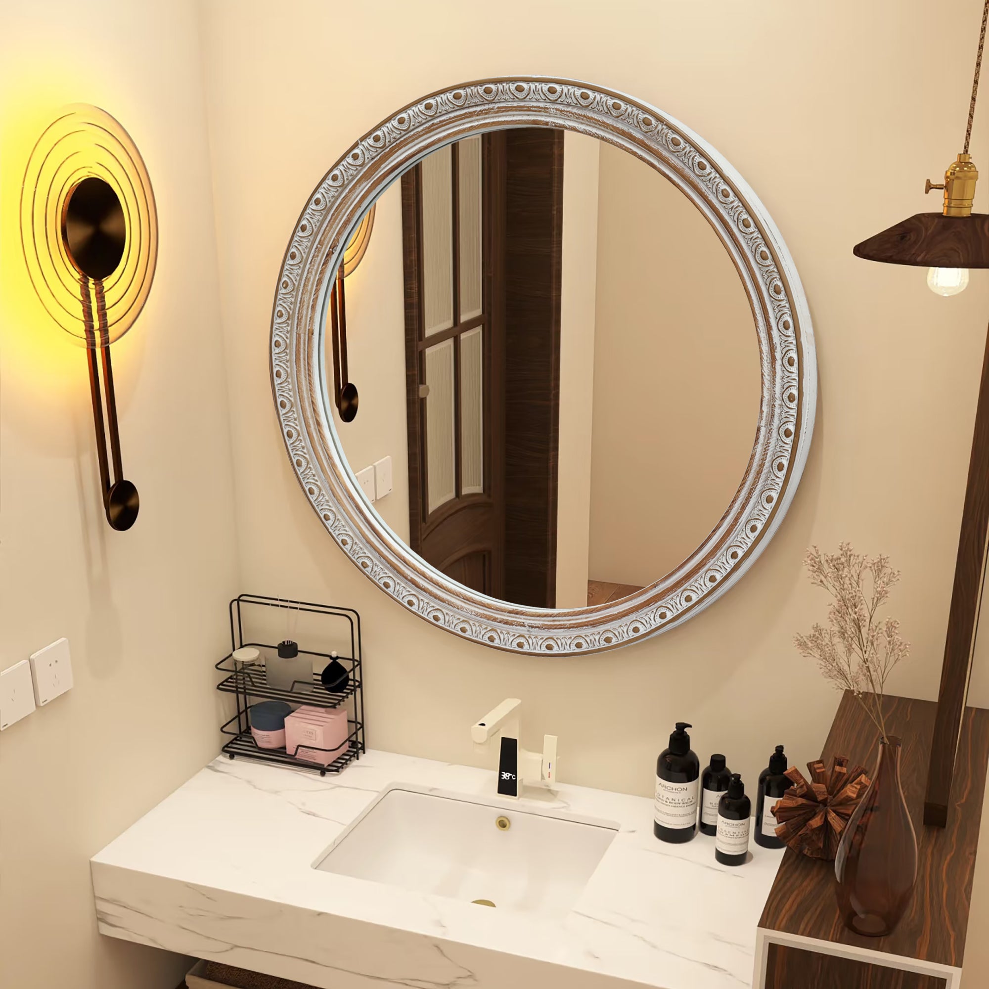 23.62 in. Distressed Silver-Gold Round Wall Mirror, Ornate Carved Wood Frame Decorative Mirror for Bathroom, Bedroom & Entryway