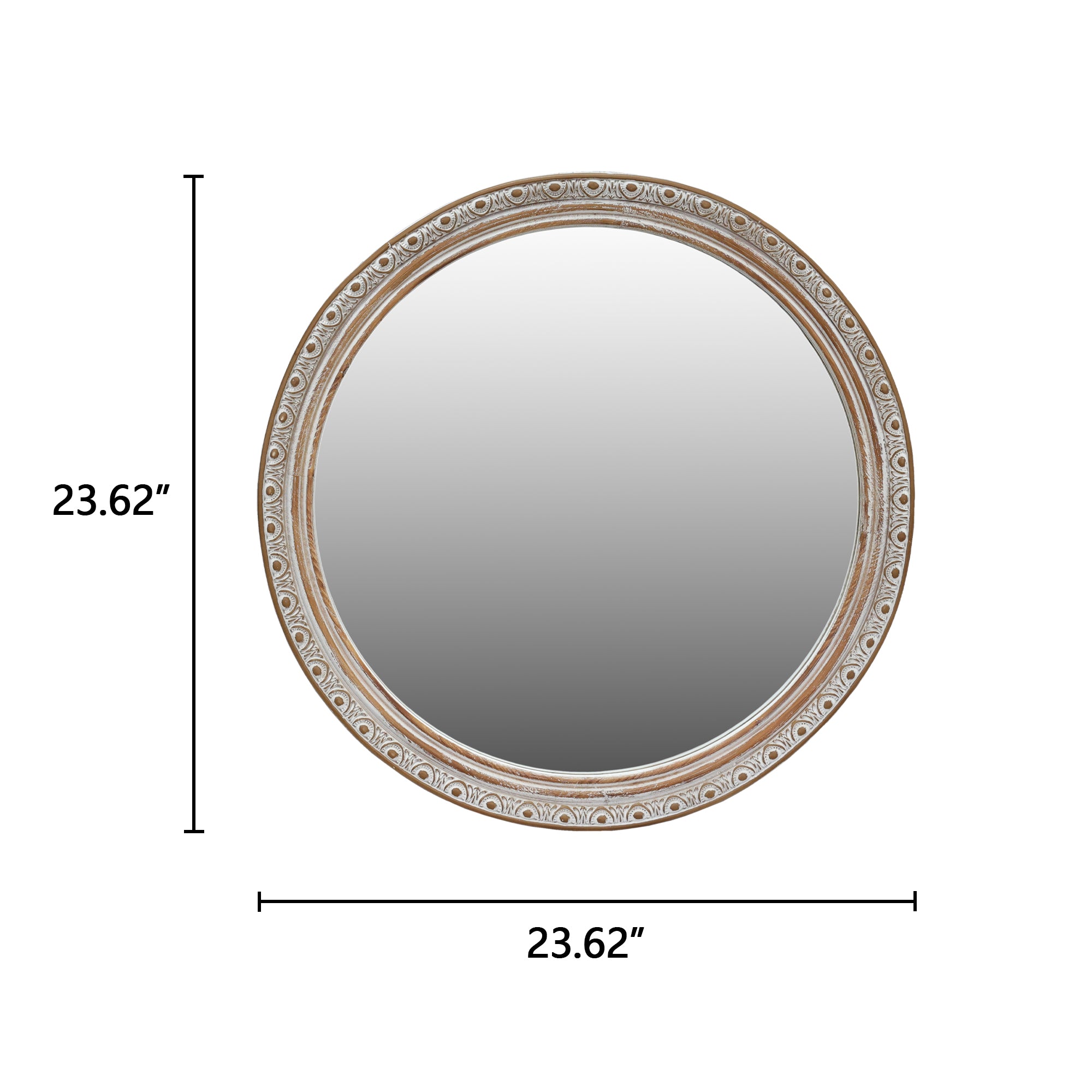 23.62 in. Distressed Silver-Gold Round Wall Mirror, Ornate Carved Wood Frame Decorative Mirror for Bathroom, Bedroom & Entryway
