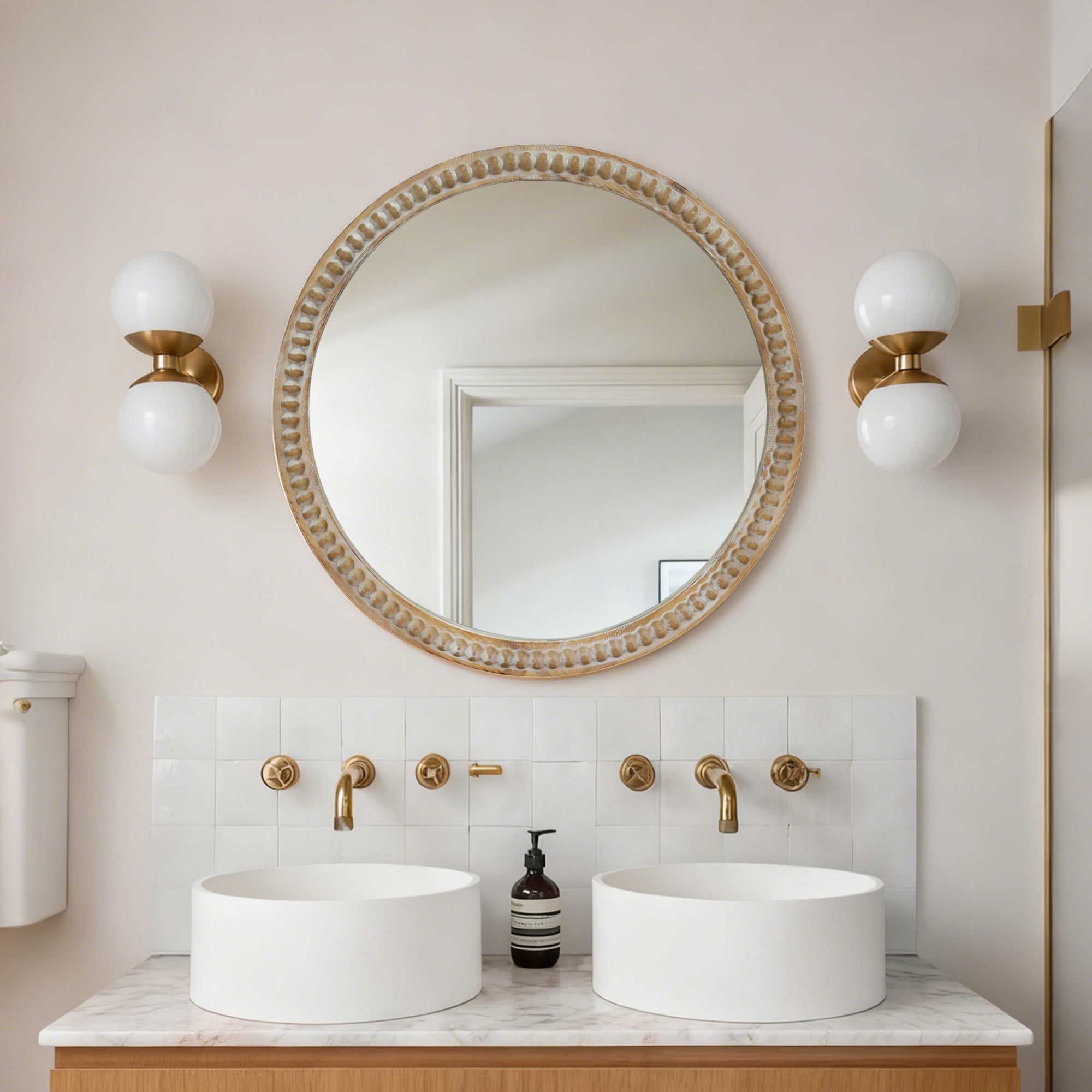 Round Distressed Wood Wall Mirror with Beaded Frame, Rustic Farmhouse Decorative Accent Mirror for Entryway, Living Room & Bathroom