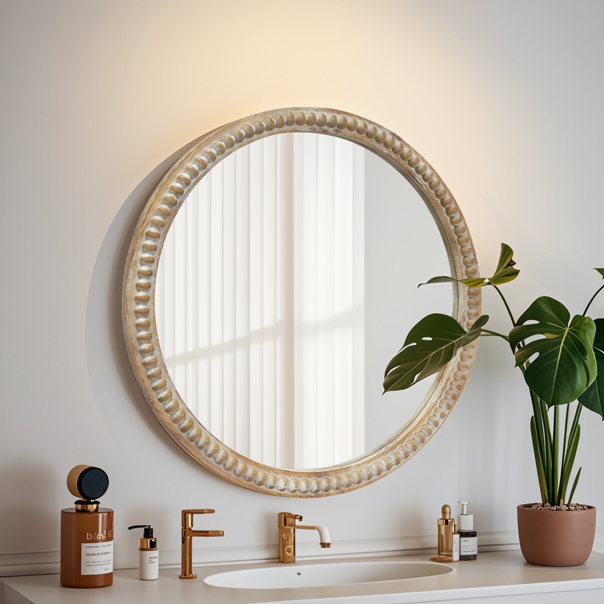 Round Distressed Wood Wall Mirror with Beaded Frame, Rustic Farmhouse Decorative Accent Mirror for Entryway, Living Room & Bathroom