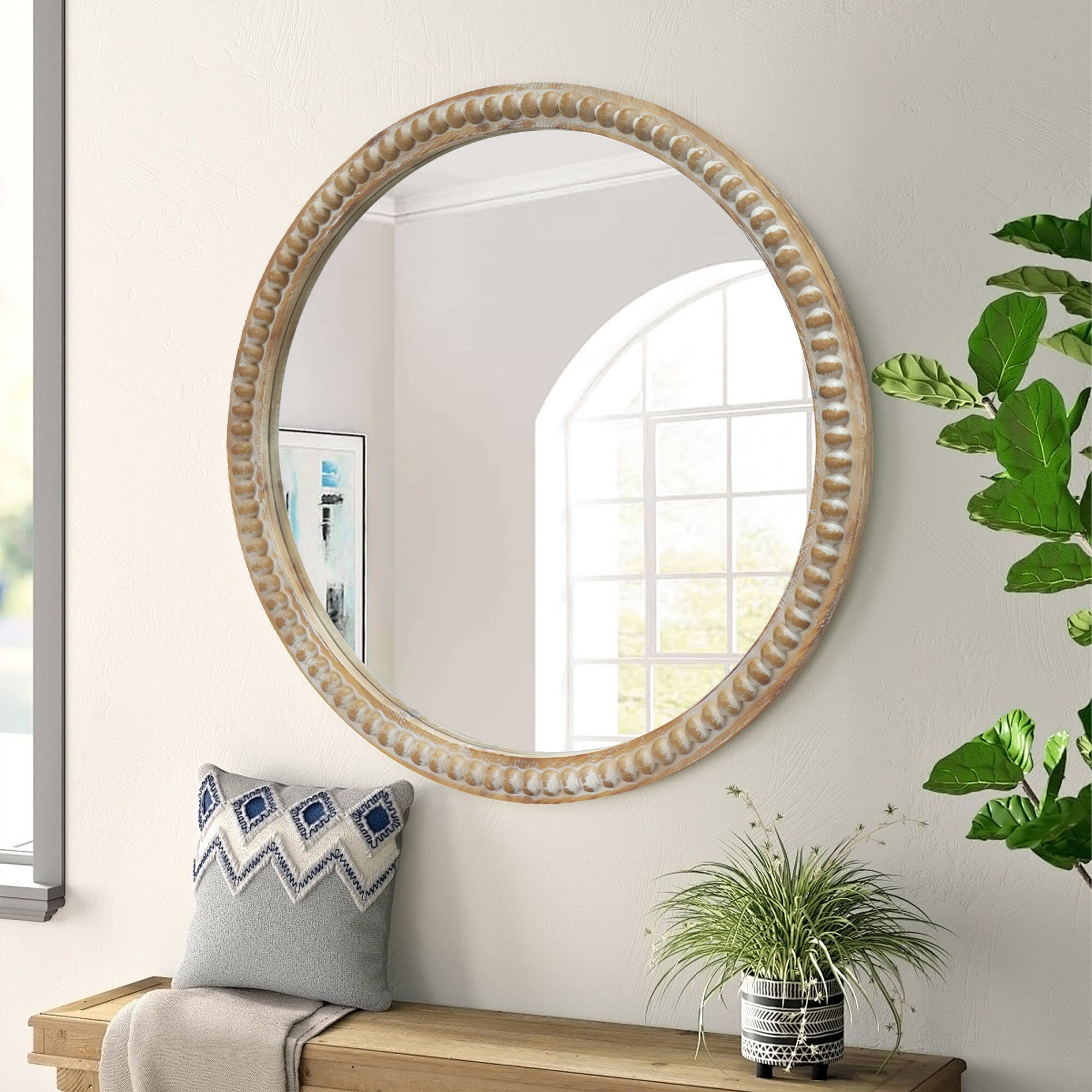 Round Distressed Wood Wall Mirror with Beaded Frame, Rustic Farmhouse Decorative Accent Mirror for Entryway, Living Room & Bathroom