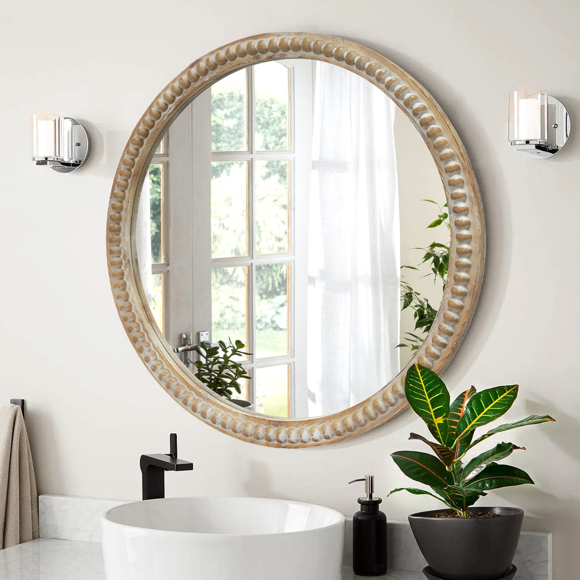 Round Distressed Wood Wall Mirror with Beaded Frame, Rustic Farmhouse Decorative Accent Mirror for Entryway, Living Room & Bathroom