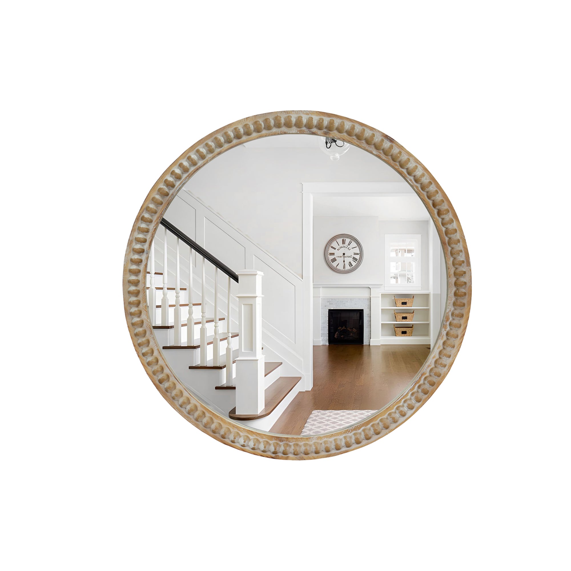 Round Distressed Wood Wall Mirror with Beaded Frame, Rustic Farmhouse Decorative Accent Mirror for Entryway, Living Room & Bathroom