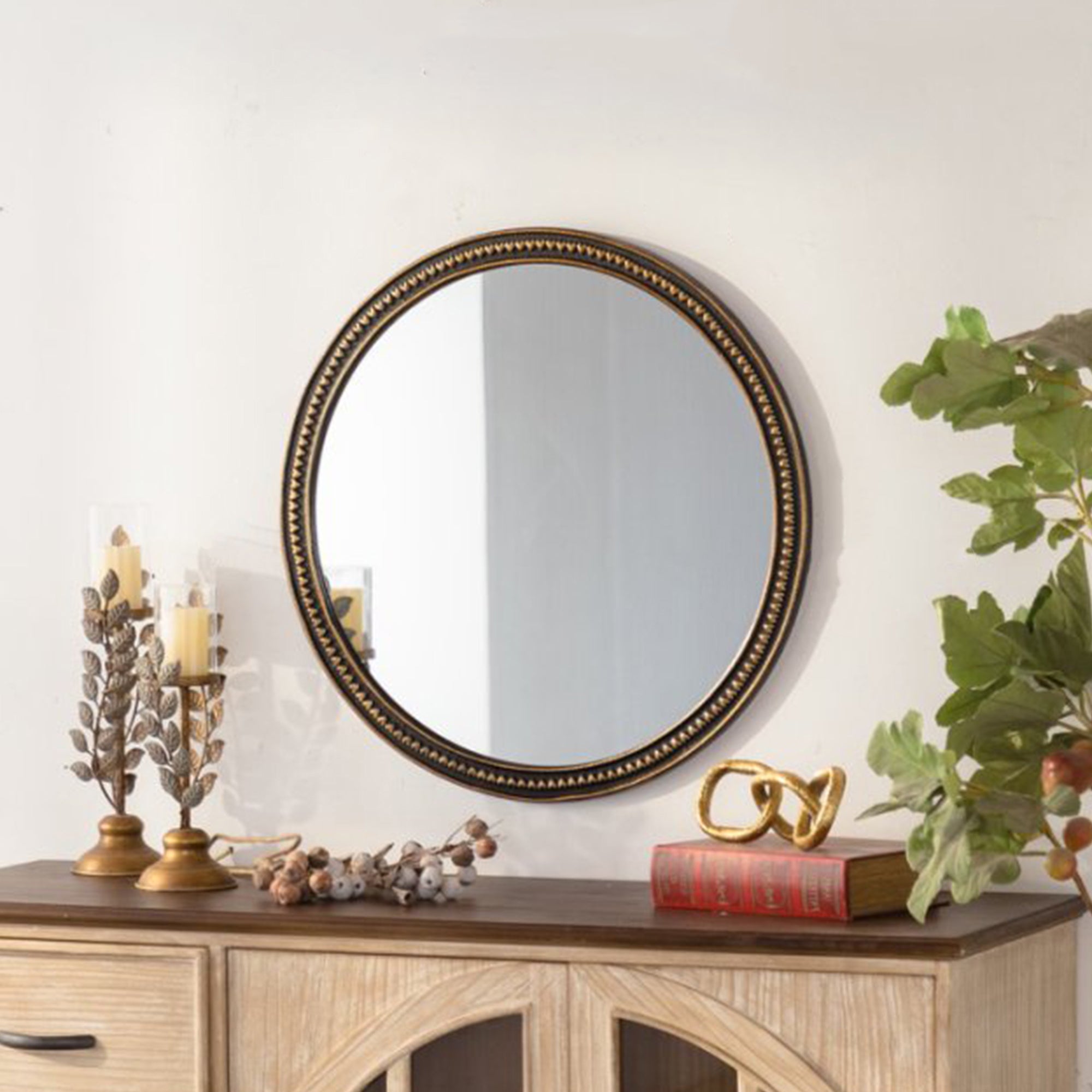 23.62 in. Vintage Gold Round Wall Mirror, Beaded Frame Decorative Accent Mirror for Living Room, Bedroom, Bathroom & Entryway