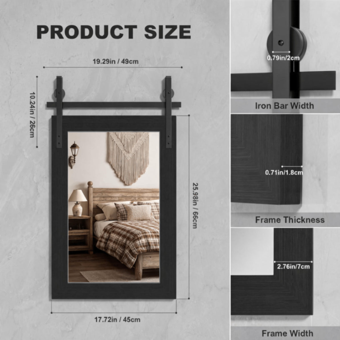Black Farmhouse Bathroom Wall Mirror, Barn Door Style Faux Wood Grain Frame Vanity Mirror with Tempered Silver Glass