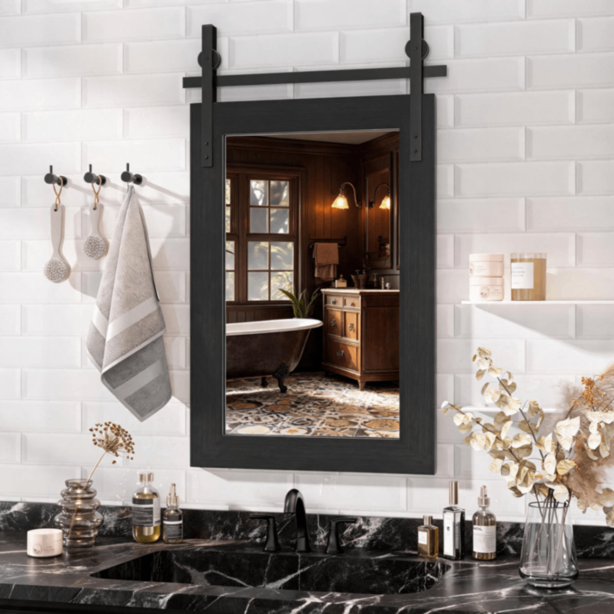Black Farmhouse Bathroom Wall Mirror, Barn Door Style Faux Wood Grain Frame Vanity Mirror with Tempered Silver Glass