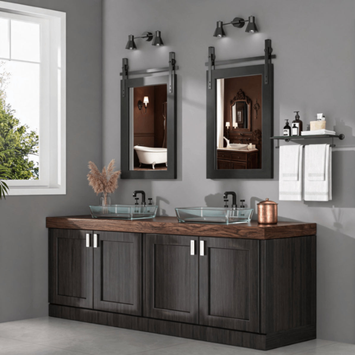 Black Farmhouse Bathroom Wall Mirror, Barn Door Style Faux Wood Grain Frame Vanity Mirror with Tempered Silver Glass