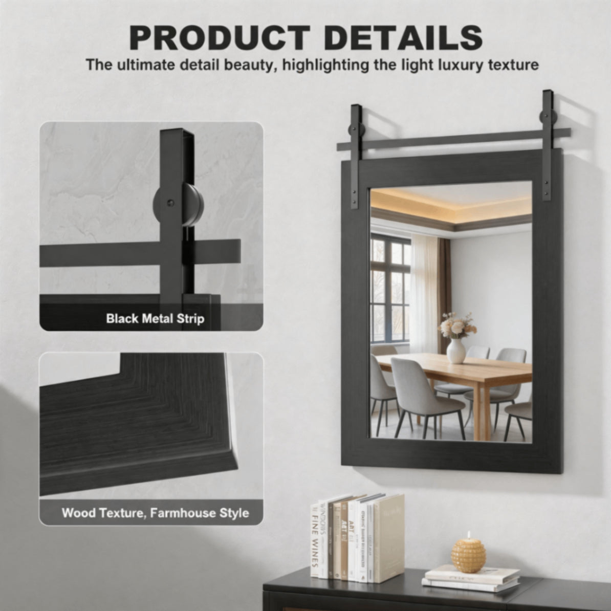 Black Farmhouse Bathroom Wall Mirror, Barn Door Style Faux Wood Grain Frame Vanity Mirror with Tempered Silver Glass