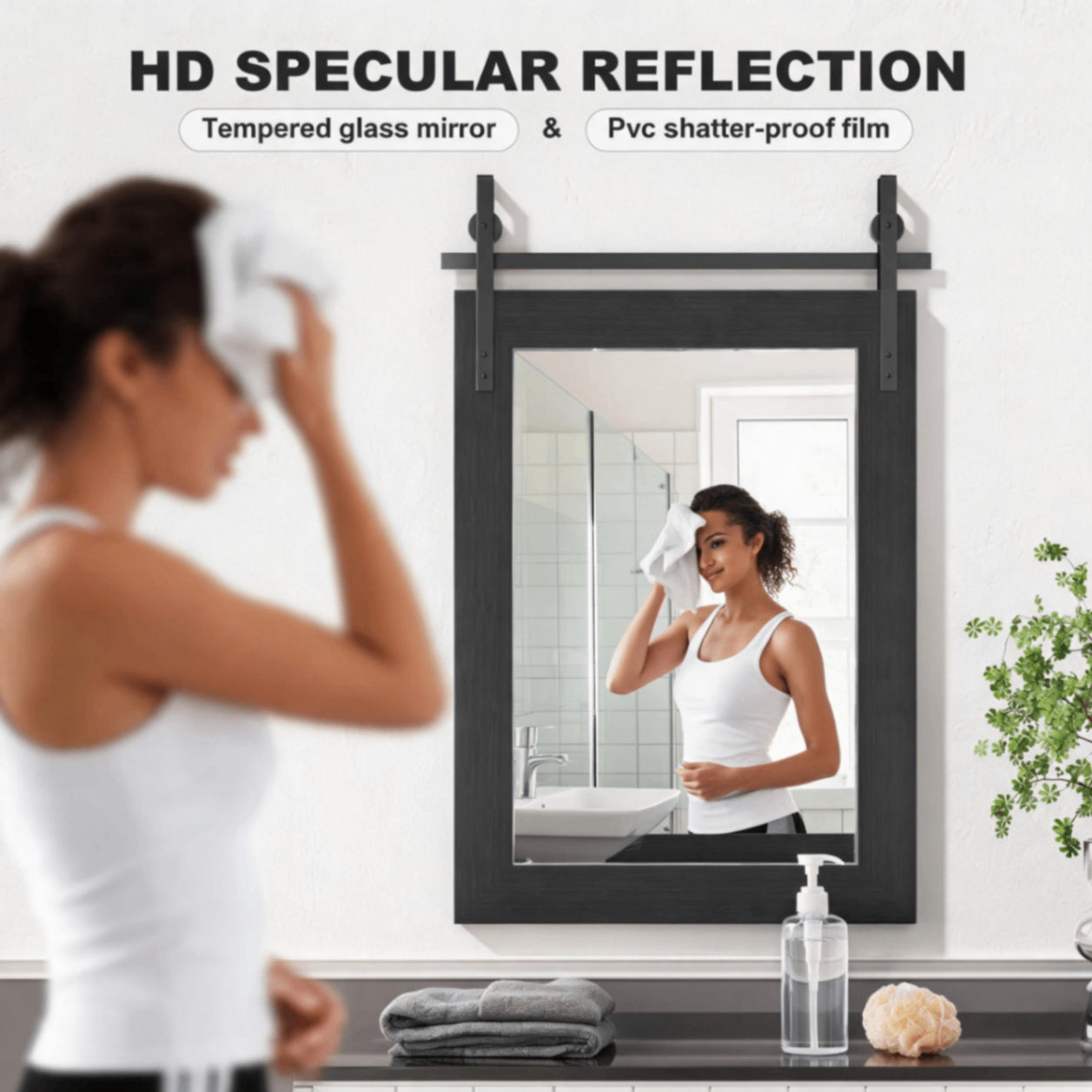 Black Farmhouse Bathroom Wall Mirror, Barn Door Style Faux Wood Grain Frame Vanity Mirror with Tempered Silver Glass