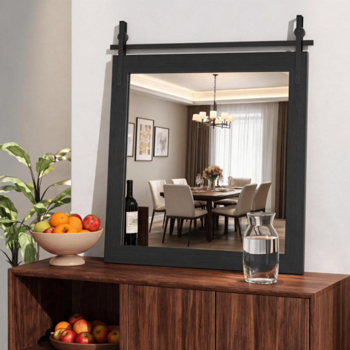 Black Farmhouse Bathroom Wall Mirror, Barn Door Style Faux Wood Grain Frame Vanity Mirror with Tempered Silver Glass