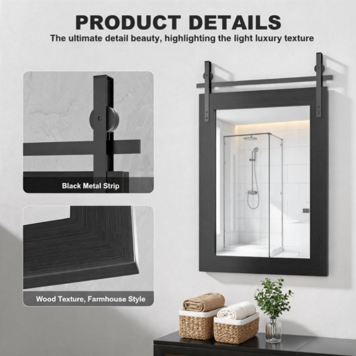 Black Farmhouse Bathroom Wall Mirror, Barn Door Style Faux Wood Grain Frame Vanity Mirror with Tempered Silver Glass