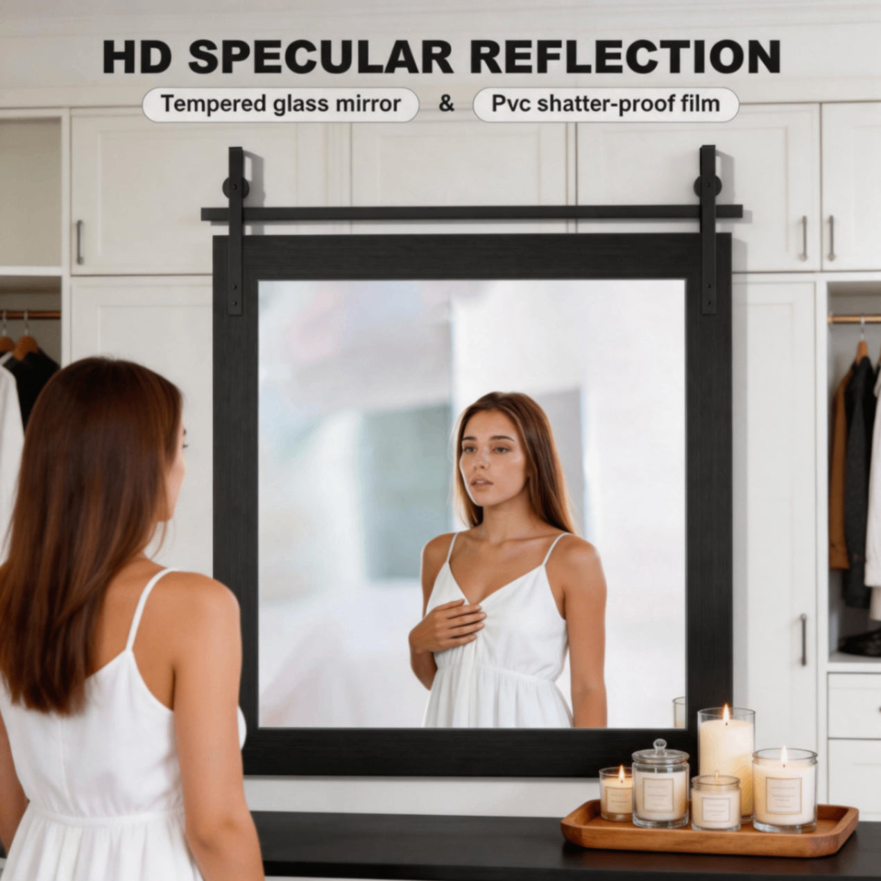 Black Farmhouse Bathroom Wall Mirror, Barn Door Style Faux Wood Grain Frame Vanity Mirror with Tempered Silver Glass