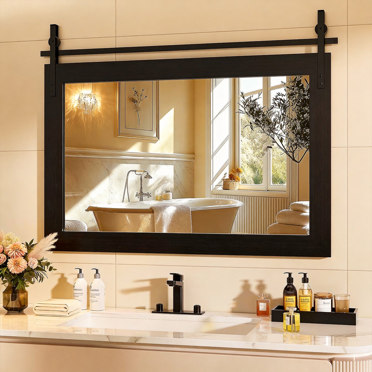 Black Farmhouse Bathroom Wall Mirror, Barn Door Style Faux Wood Grain Frame Vanity Mirror with Tempered Silver Glass