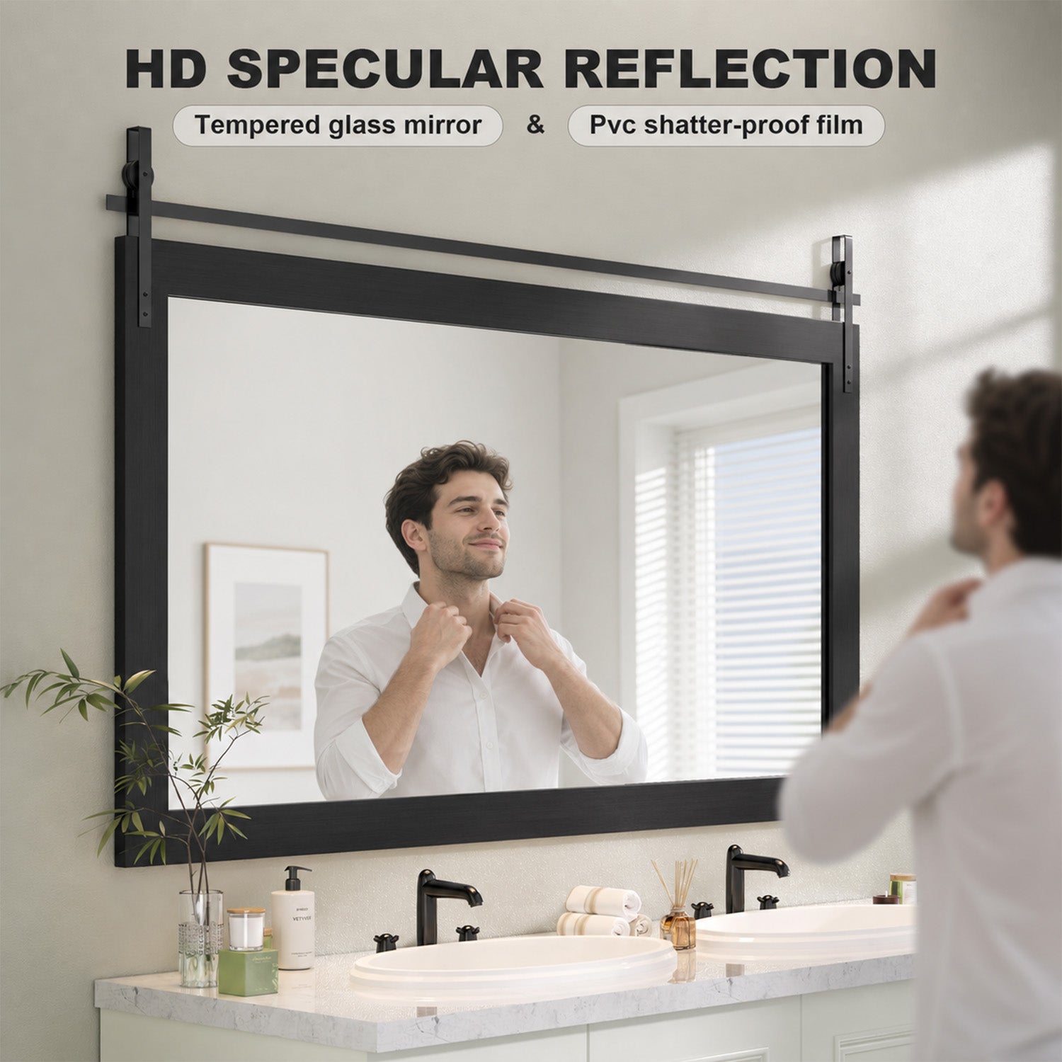 Black Farmhouse Bathroom Wall Mirror, Barn Door Style Faux Wood Grain Frame Vanity Mirror with Tempered Silver Glass