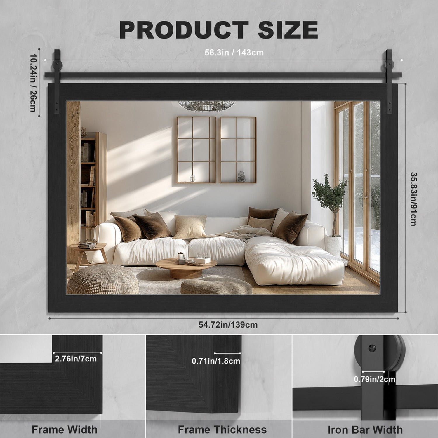Black Farmhouse Bathroom Wall Mirror, Barn Door Style Faux Wood Grain Frame Vanity Mirror with Tempered Silver Glass