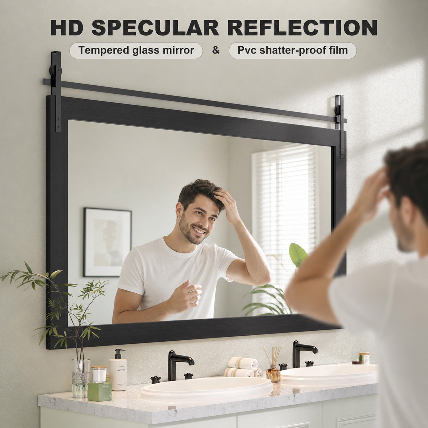 Black Farmhouse Bathroom Wall Mirror, Barn Door Style Faux Wood Grain Frame Vanity Mirror with Tempered Silver Glass