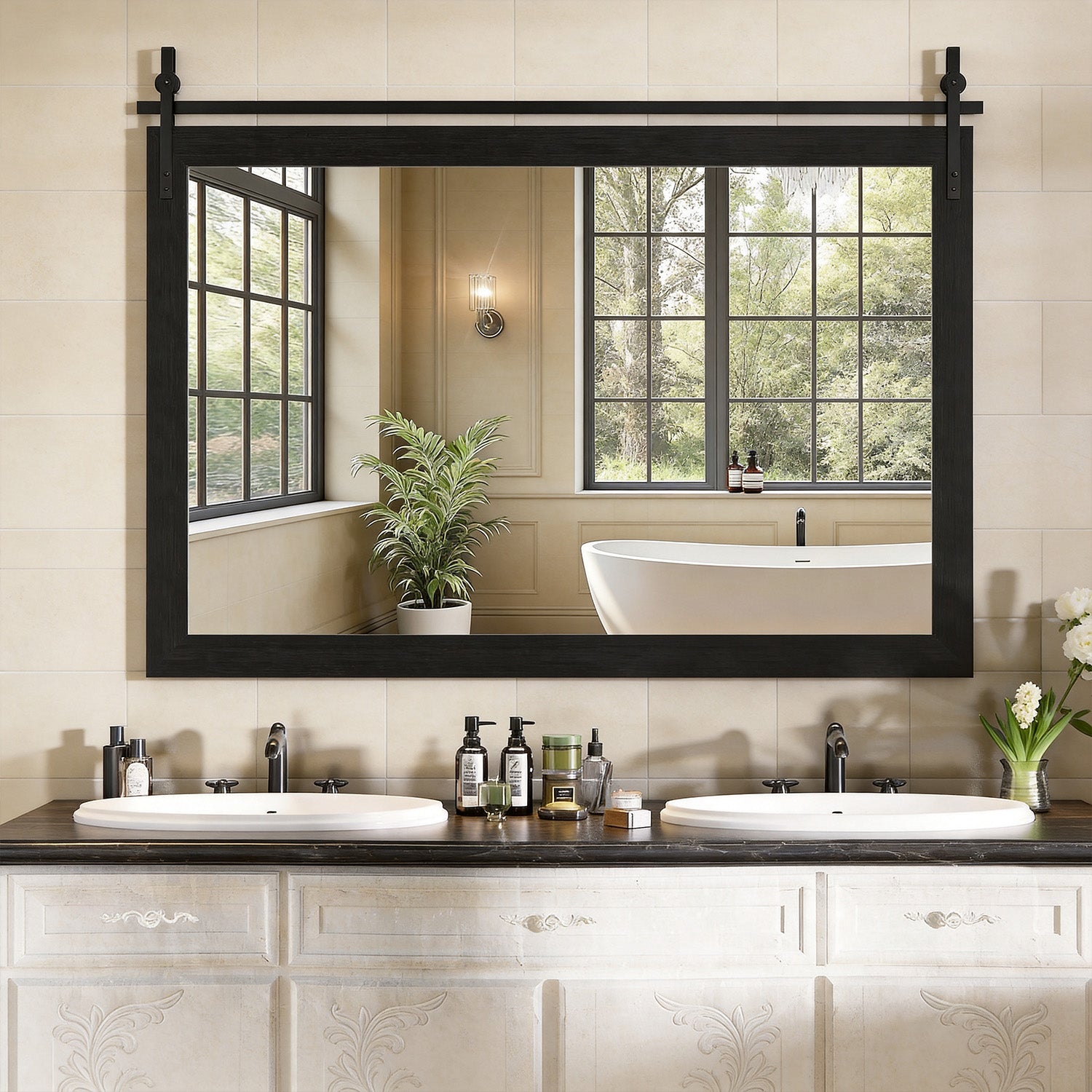 Black Farmhouse Bathroom Wall Mirror, Barn Door Style Faux Wood Grain Frame Vanity Mirror with Tempered Silver Glass