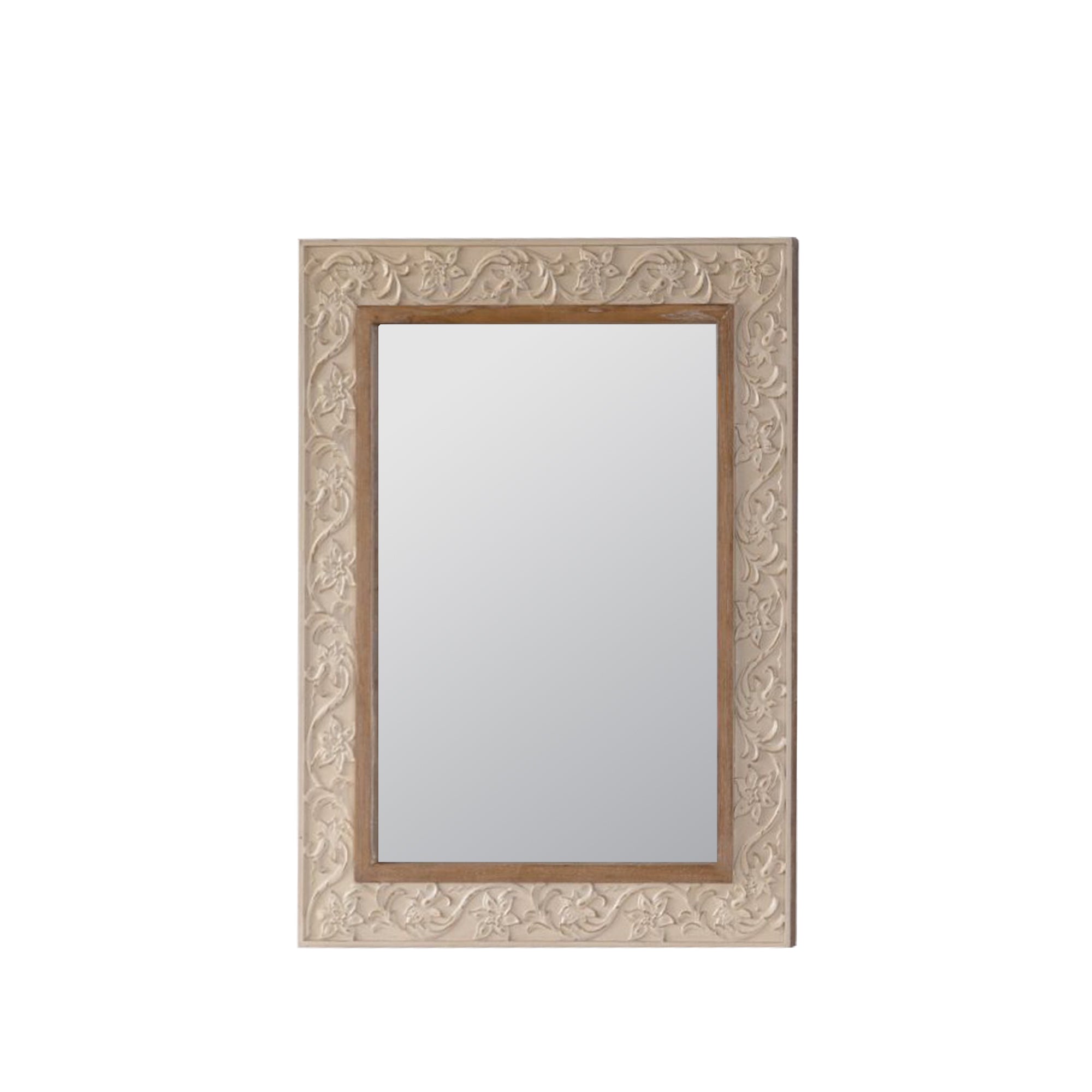 30.12 in. x 37.99 in. Vintage Rectangular Wall Mirror, Ornate Carved Floral Frame Decorative Mirror in Cream & Dark Brown for Living Room, Bedroom & Entryway
