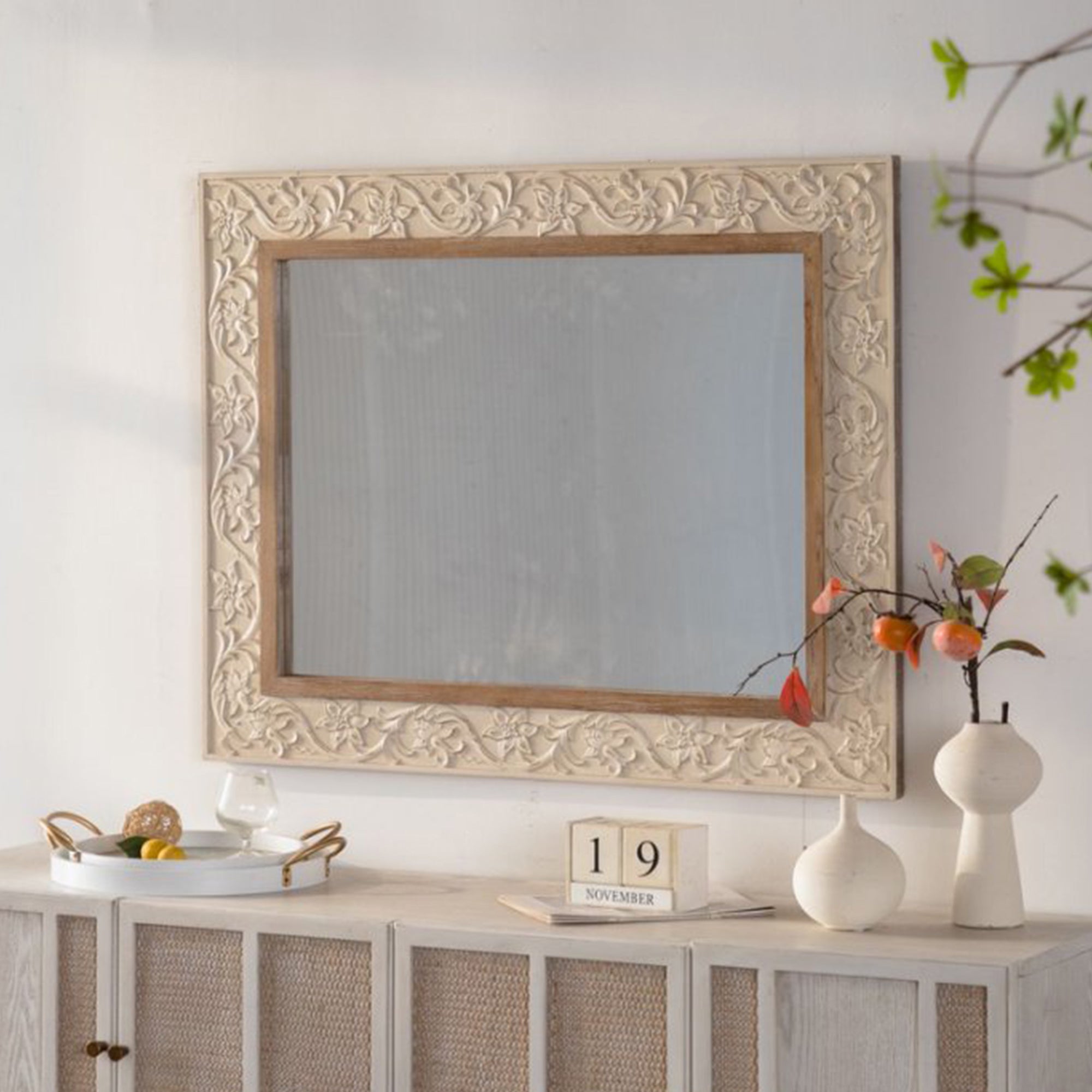 30.12 in. x 37.99 in. Vintage Rectangular Wall Mirror, Ornate Carved Floral Frame Decorative Mirror in Cream & Dark Brown for Living Room, Bedroom & Entryway