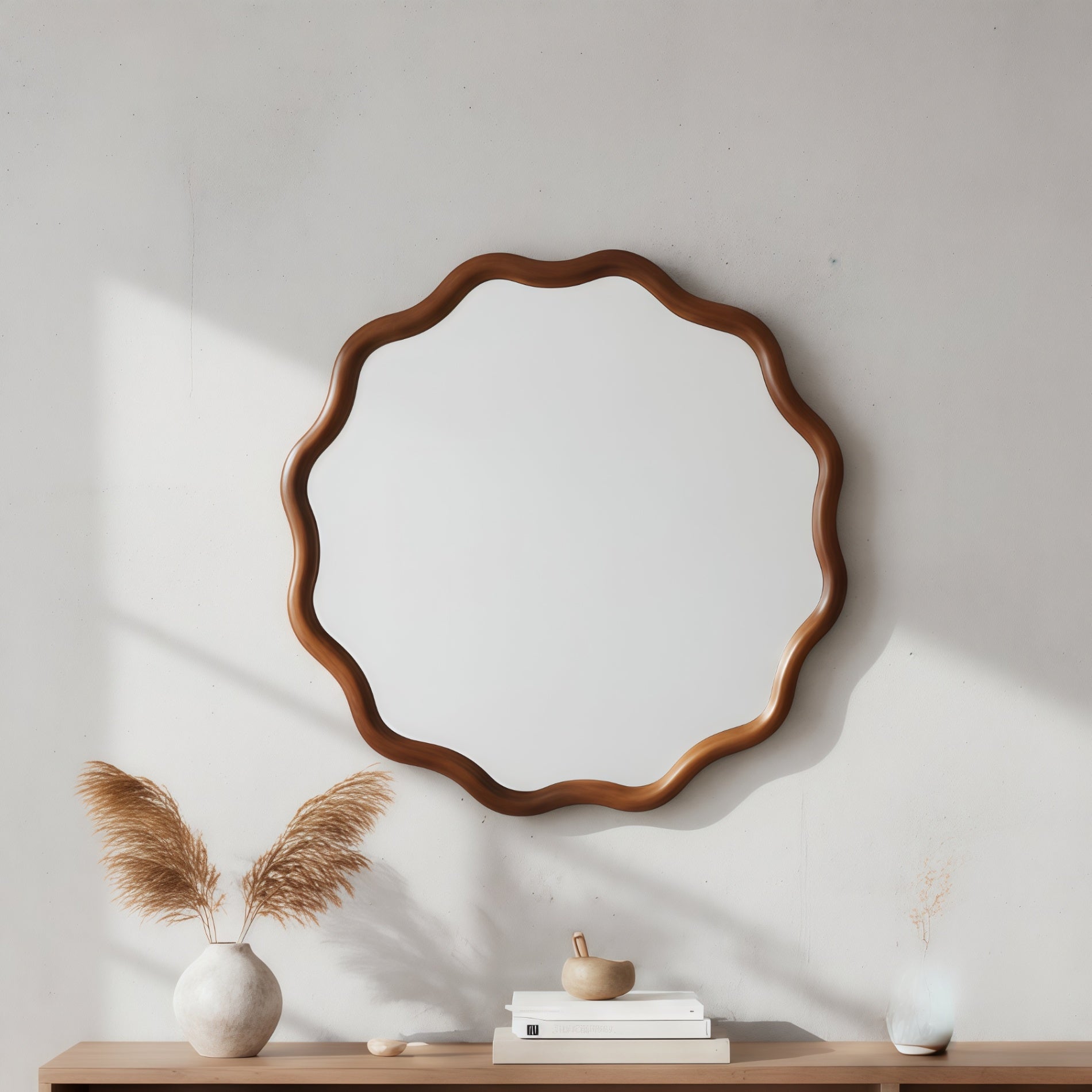 Wavy Round Solid Wood Frame Decorative Wall Mirror, 24" & 30", for Bedroom, Bathroom, Living Room & Entryway