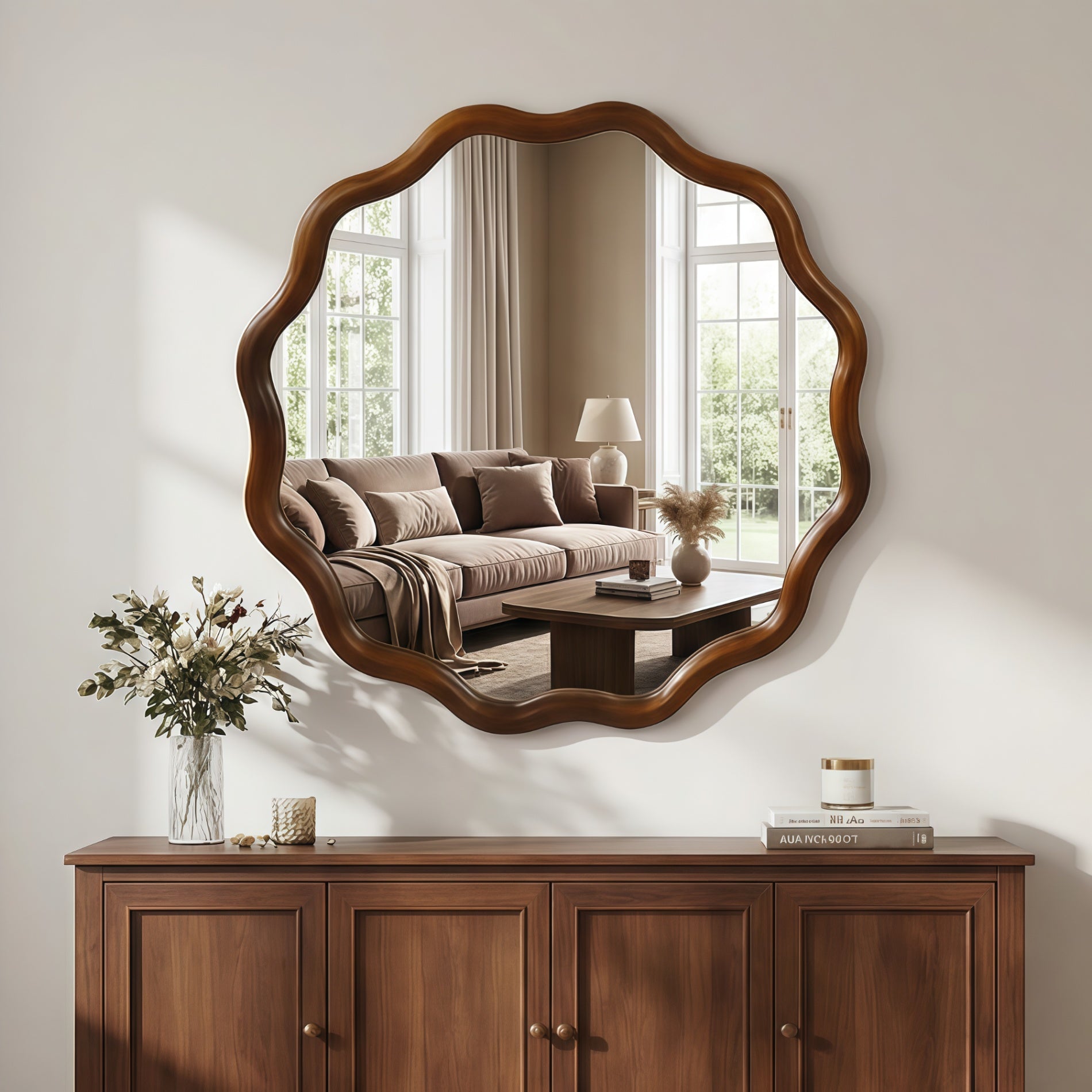 Wavy Round Solid Wood Frame Decorative Wall Mirror, 24" & 30", for Bedroom, Bathroom, Living Room & Entryway