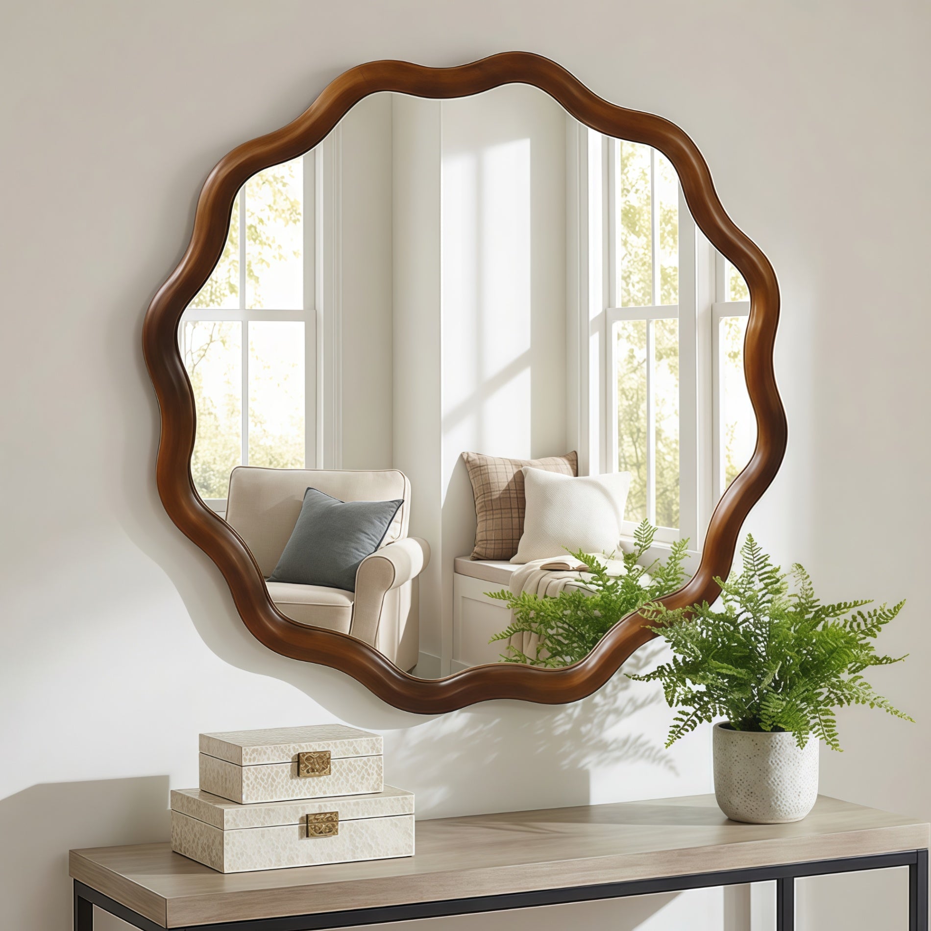 Wavy Round Solid Wood Frame Decorative Wall Mirror, 24" & 30", for Bedroom, Bathroom, Living Room & Entryway