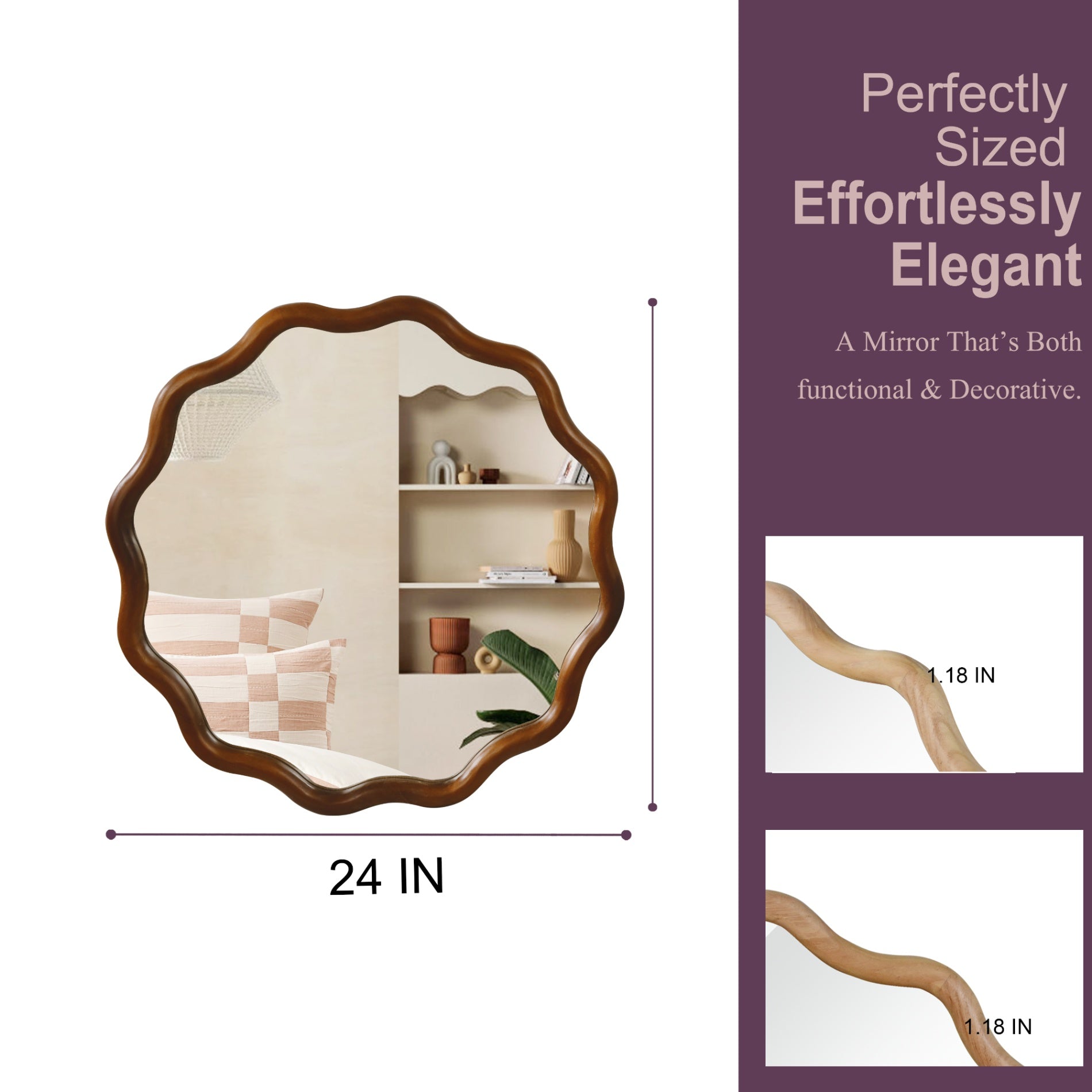 Wavy Round Solid Wood Frame Decorative Wall Mirror, 24" & 30", for Bedroom, Bathroom, Living Room & Entryway