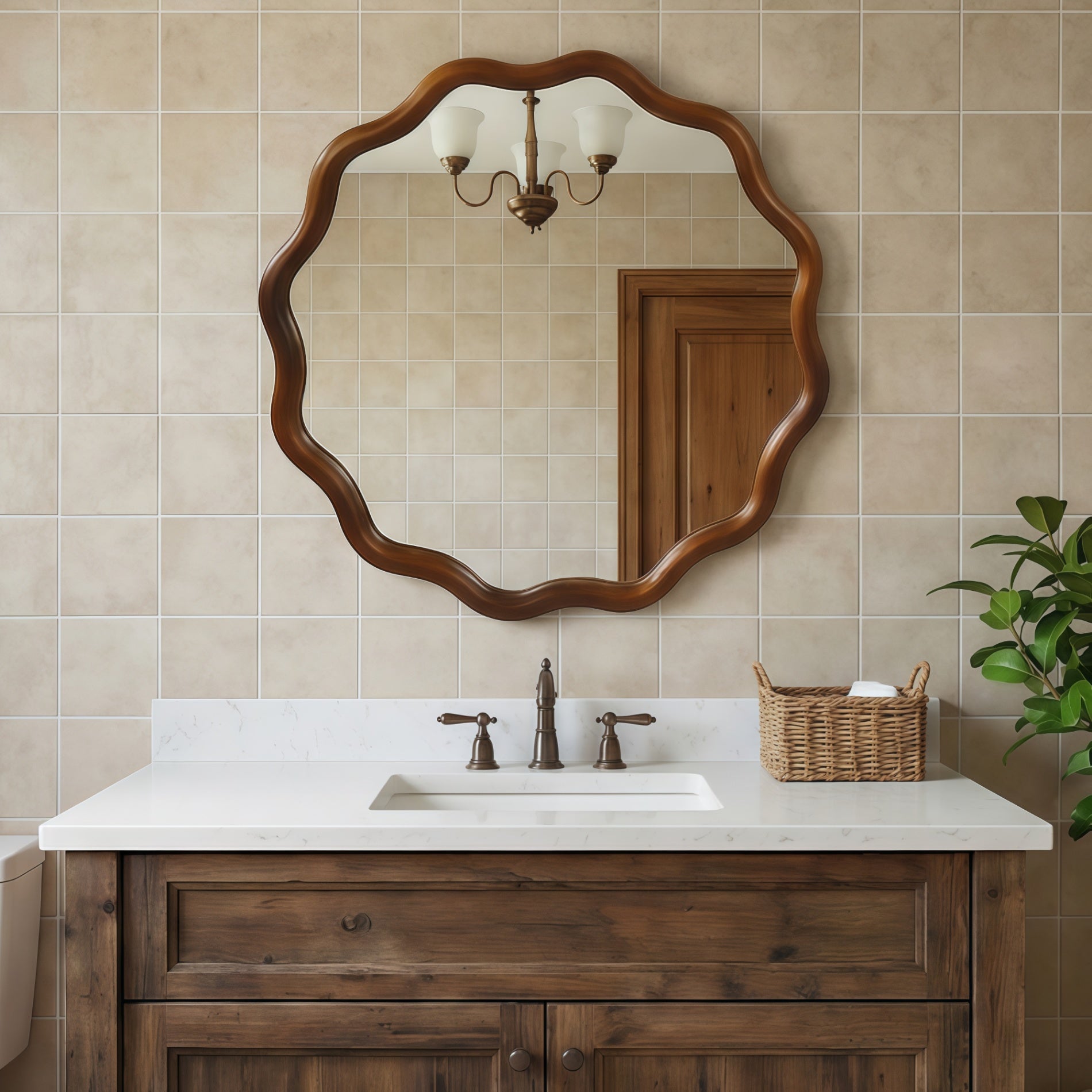 Wavy Round Solid Wood Frame Decorative Wall Mirror, 24" & 30", for Bedroom, Bathroom, Living Room & Entryway