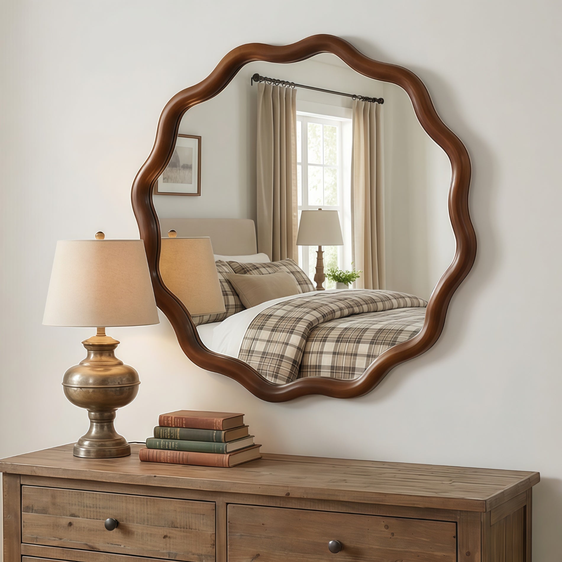 Wavy Round Solid Wood Frame Decorative Wall Mirror, 24" & 30", for Bedroom, Bathroom, Living Room & Entryway