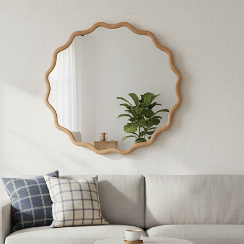 Wavy Round Solid Wood Frame Decorative Wall Mirror, 24" & 30", for Bedroom, Bathroom, Living Room & Entryway