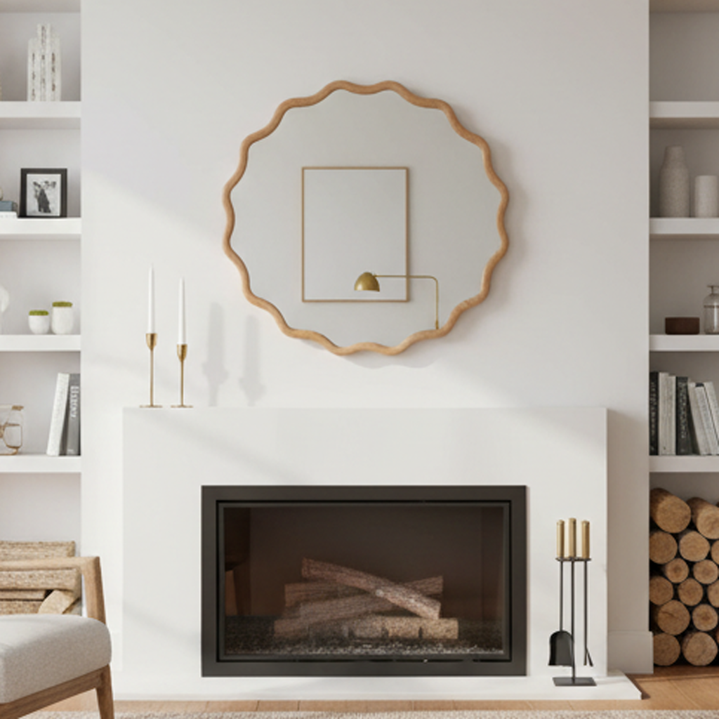 Wavy Round Solid Wood Frame Decorative Wall Mirror, 24" & 30", for Bedroom, Bathroom, Living Room & Entryway