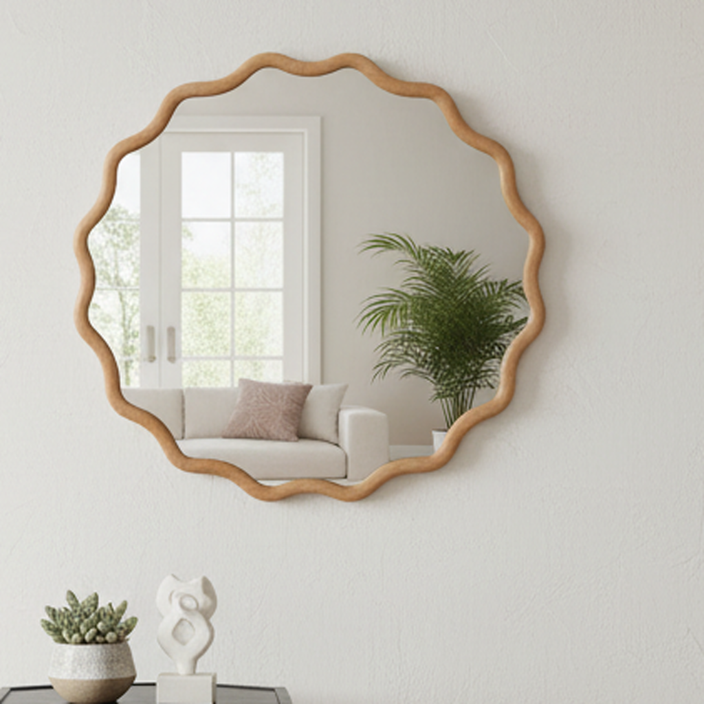 Wavy Round Solid Wood Frame Decorative Wall Mirror, 24" & 30", for Bedroom, Bathroom, Living Room & Entryway