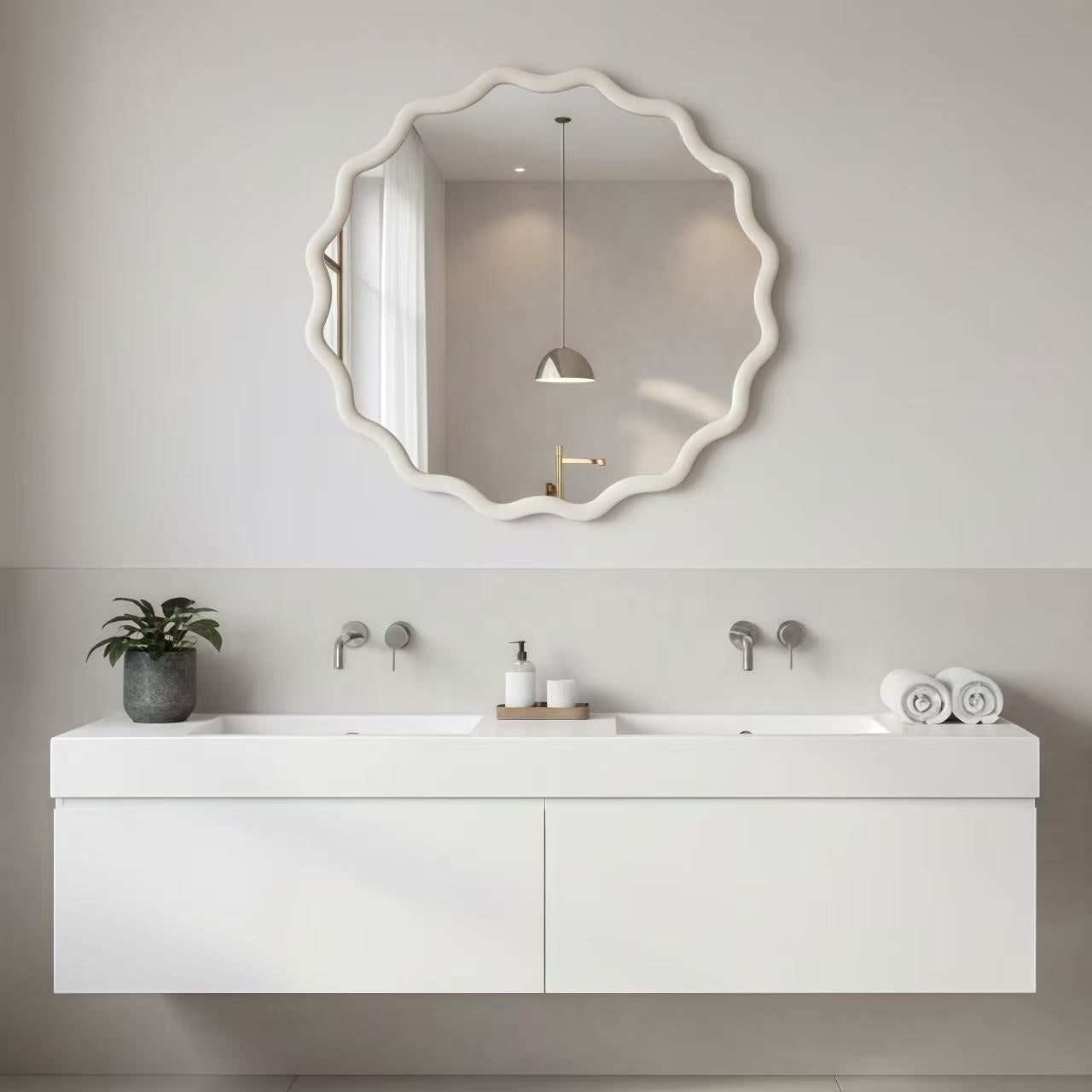 Wavy Round Solid Wood Frame Decorative Wall Mirror, 24" & 30", for Bedroom, Bathroom, Living Room & Entryway