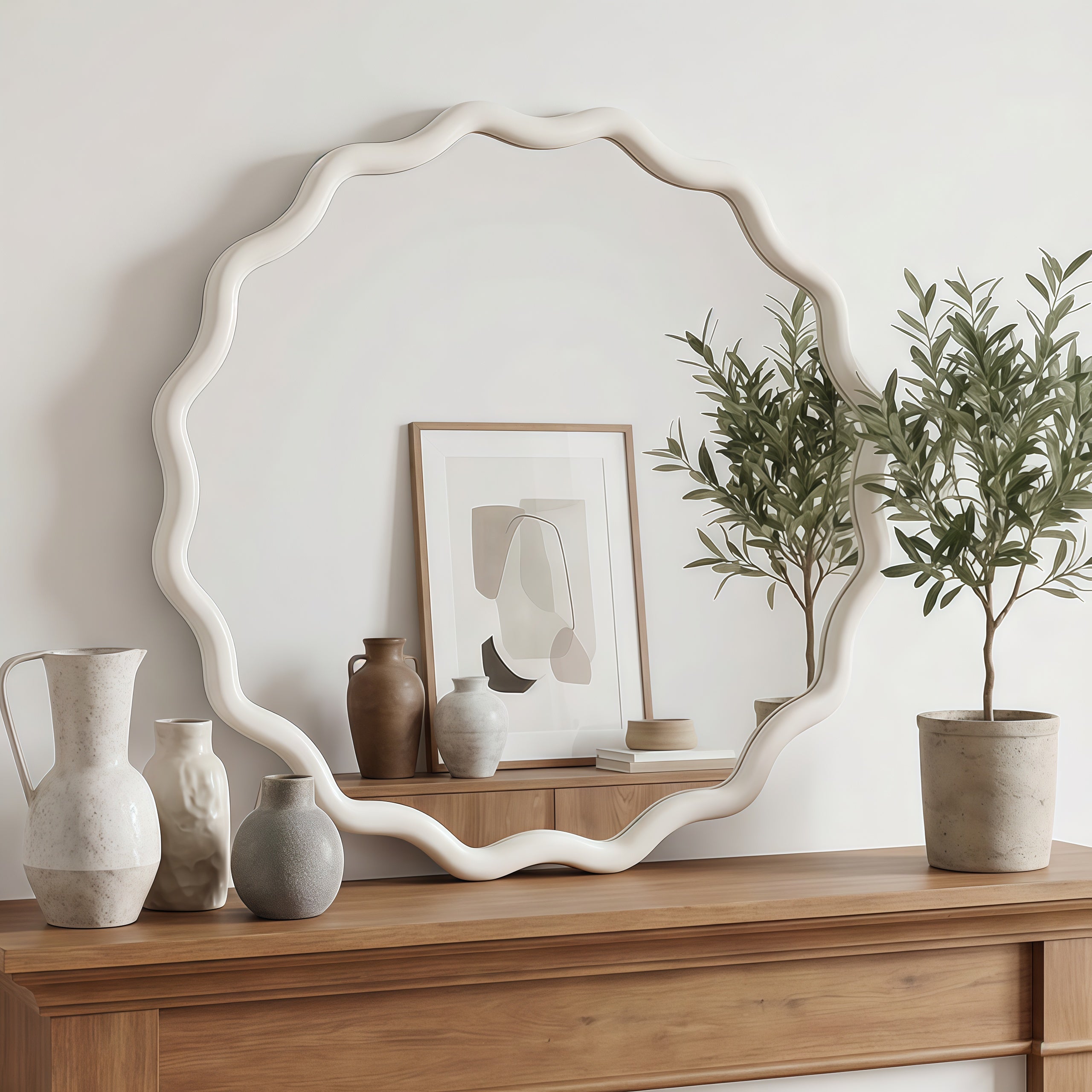 Wavy Round Solid Wood Frame Decorative Wall Mirror, 24" & 30", for Bedroom, Bathroom, Living Room & Entryway
