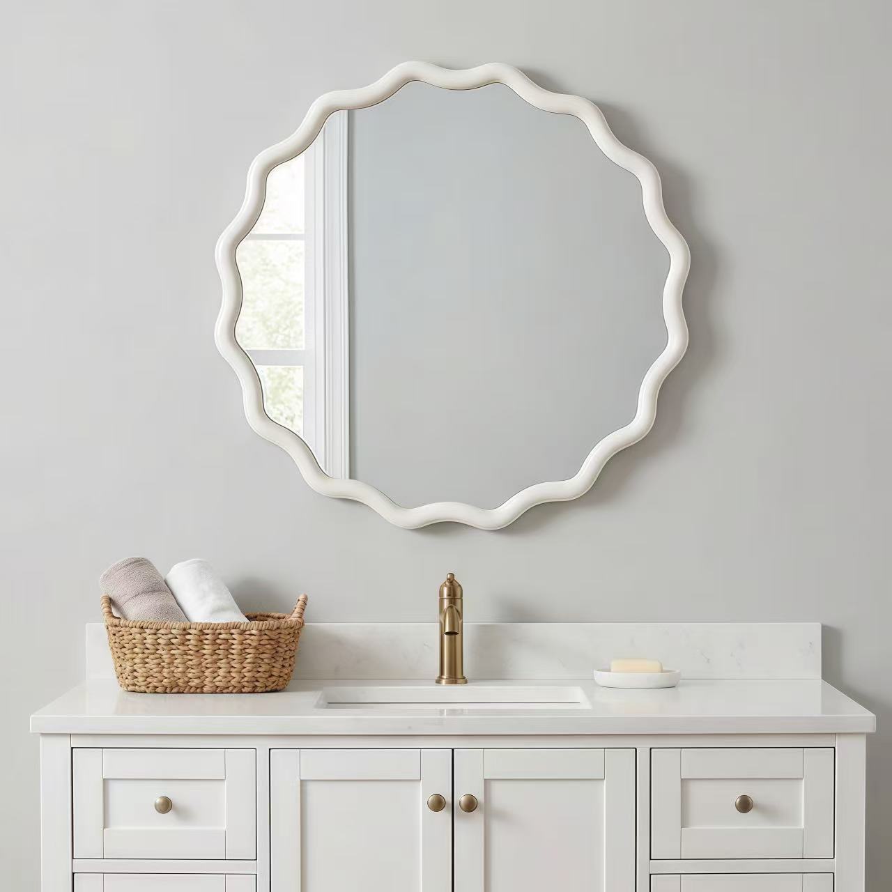 Wavy Round Solid Wood Frame Decorative Wall Mirror, 24" & 30", for Bedroom, Bathroom, Living Room & Entryway