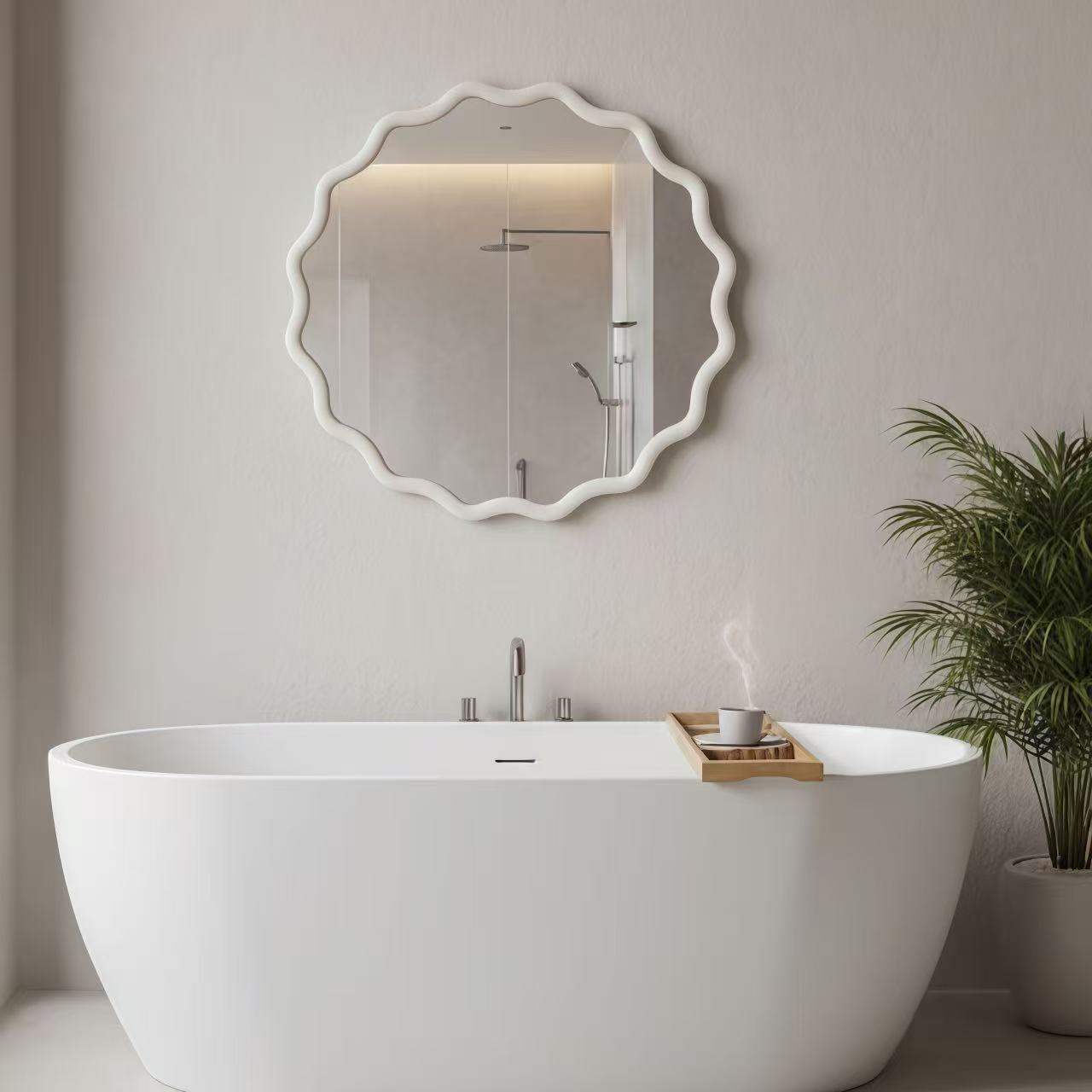Wavy Round Solid Wood Frame Decorative Wall Mirror, 24" & 30", for Bedroom, Bathroom, Living Room & Entryway