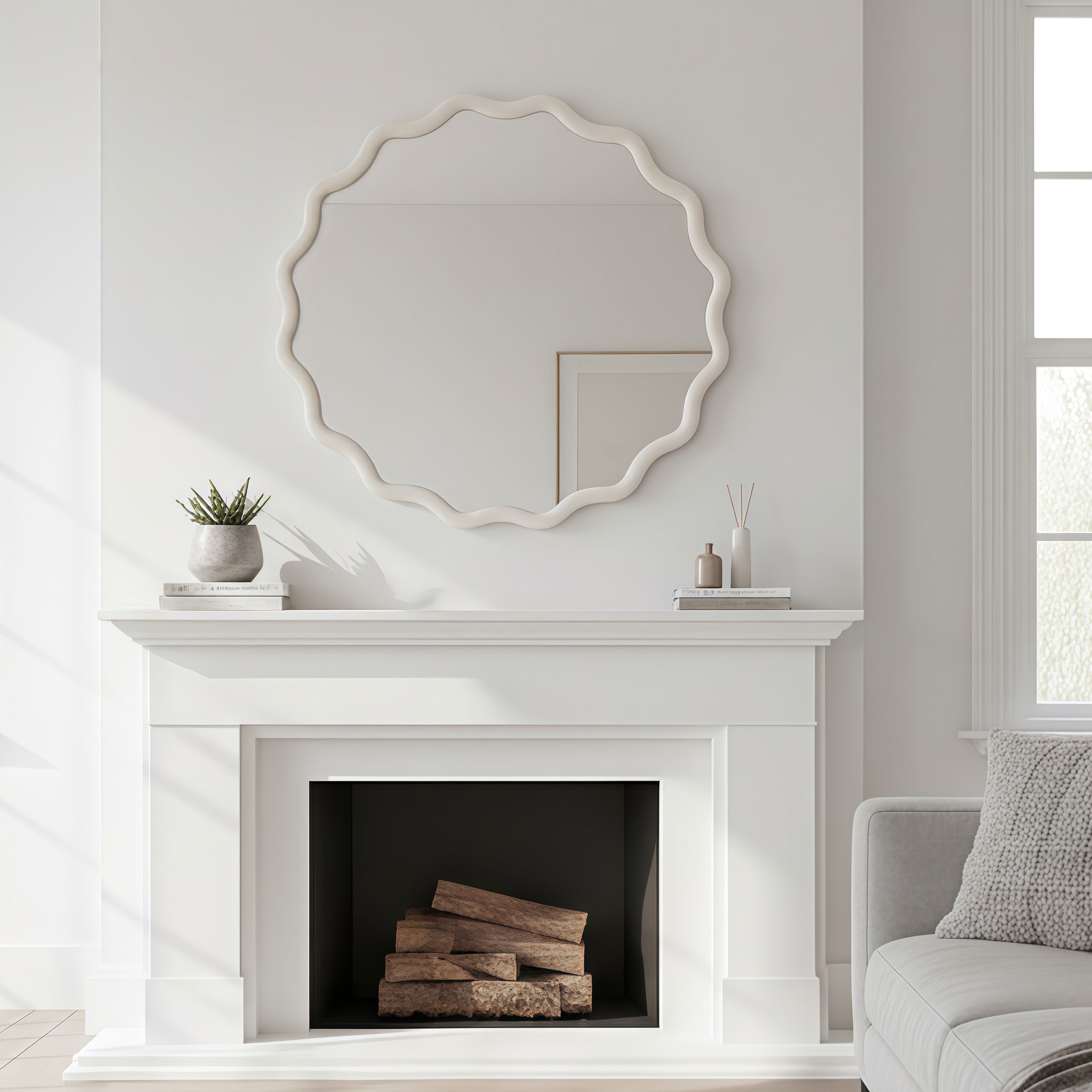 Wavy Round Solid Wood Frame Decorative Wall Mirror, 24" & 30", for Bedroom, Bathroom, Living Room & Entryway