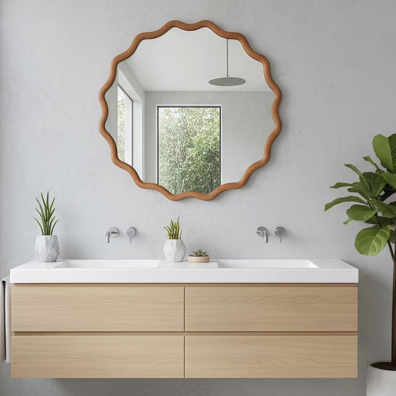 Wavy Round Solid Wood Frame Decorative Wall Mirror, 24" & 30", for Bedroom, Bathroom, Living Room & Entryway