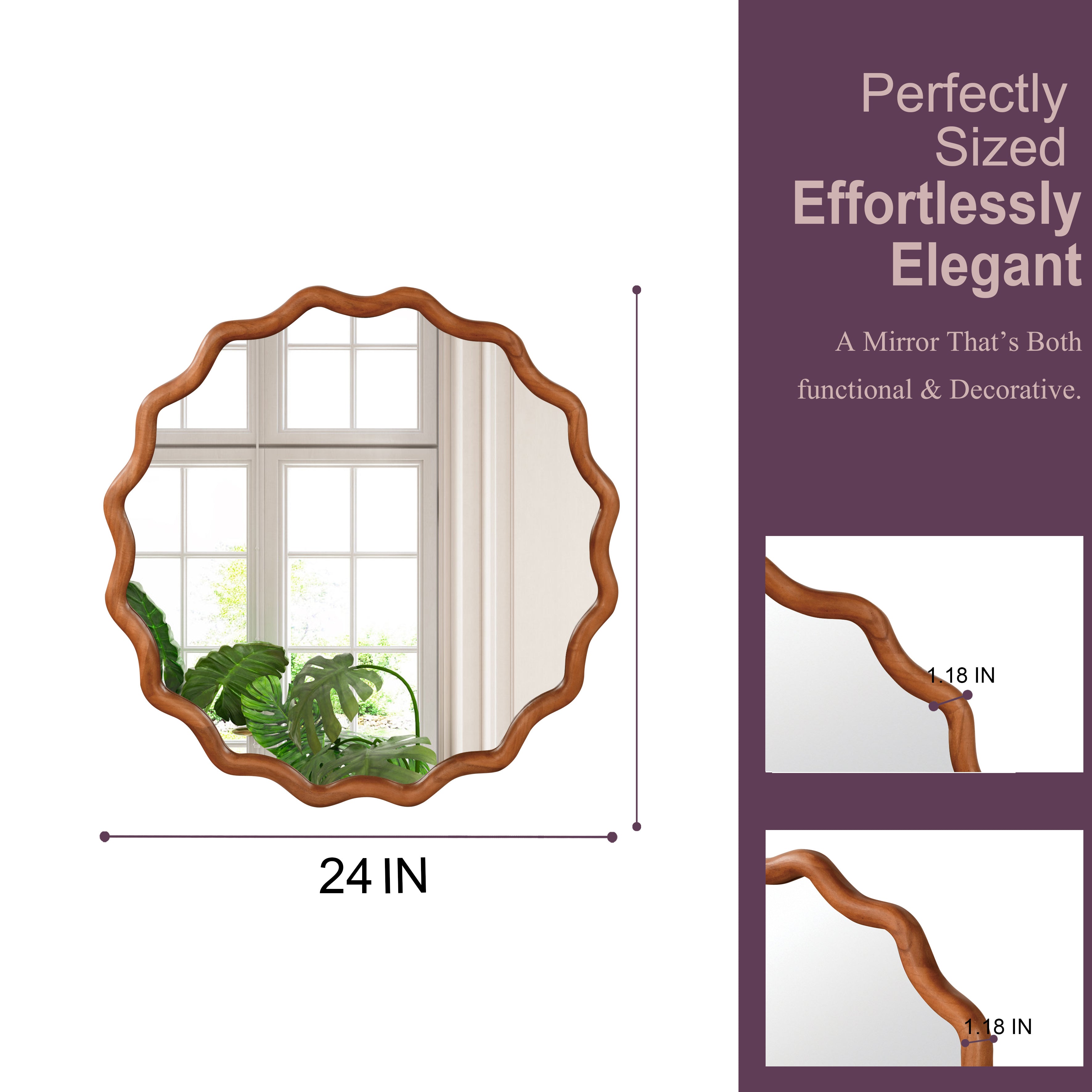 Wavy Round Solid Wood Frame Decorative Wall Mirror, 24" & 30", for Bedroom, Bathroom, Living Room & Entryway