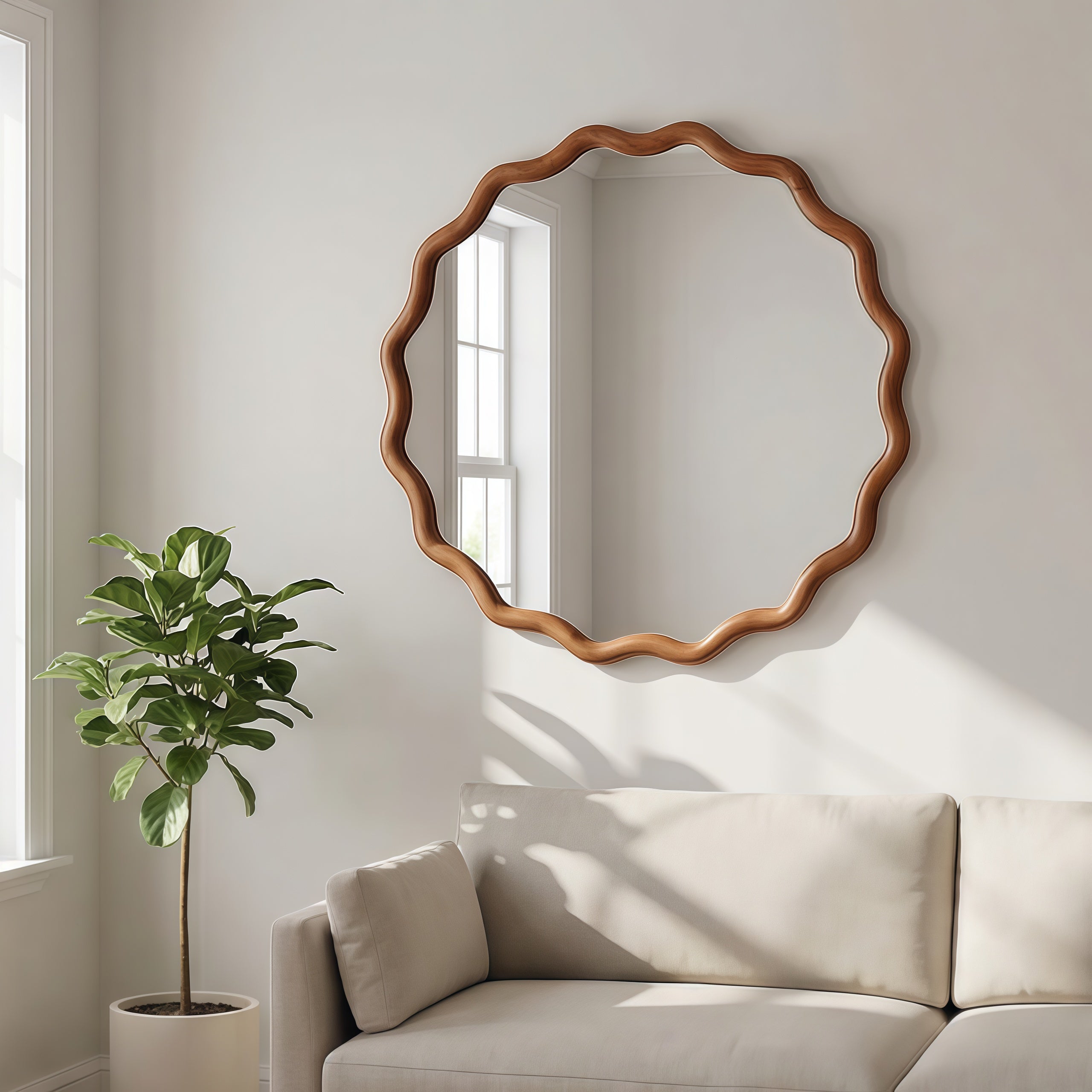 Wavy Round Solid Wood Frame Decorative Wall Mirror, 24" & 30", for Bedroom, Bathroom, Living Room & Entryway