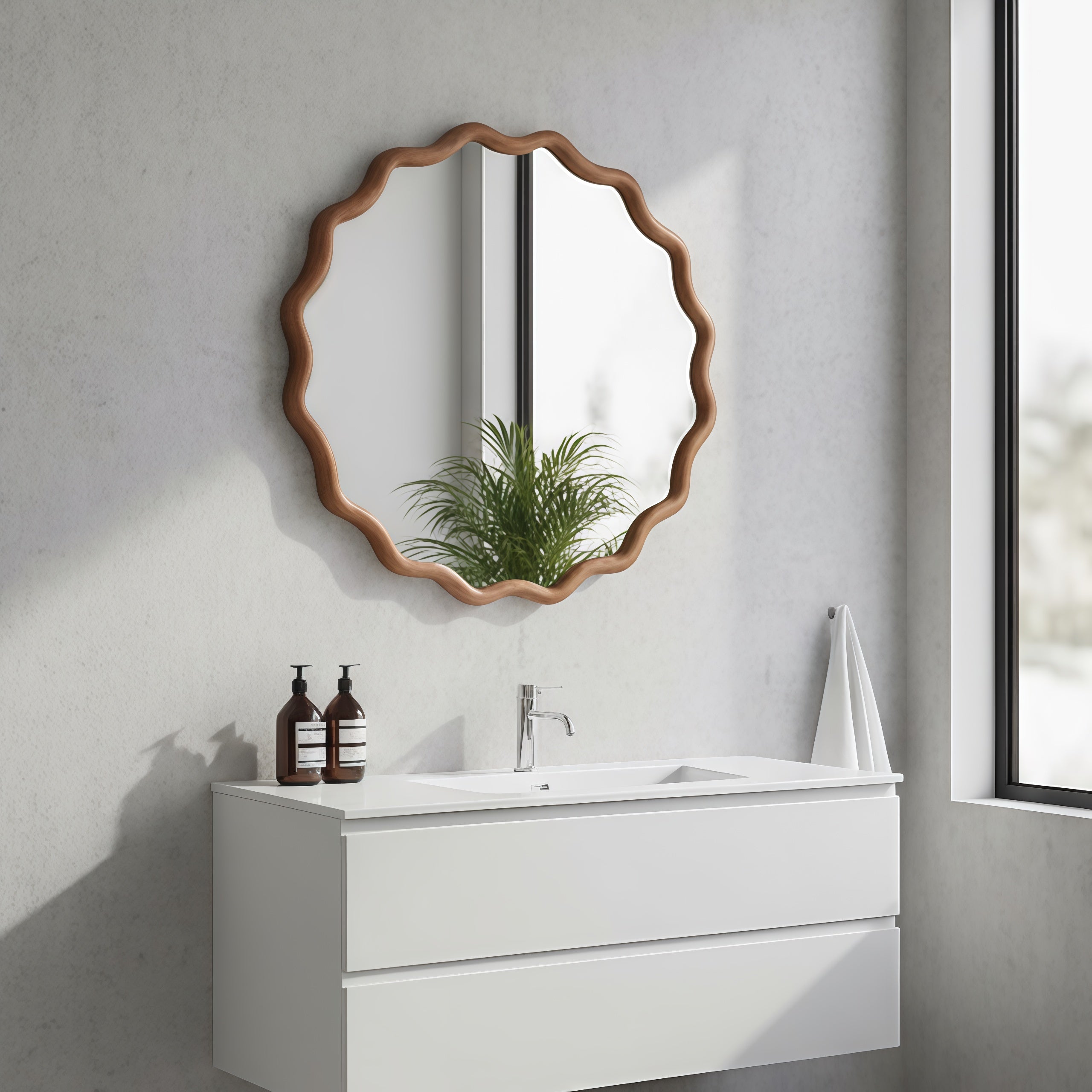 Wavy Round Solid Wood Frame Decorative Wall Mirror, 24" & 30", for Bedroom, Bathroom, Living Room & Entryway