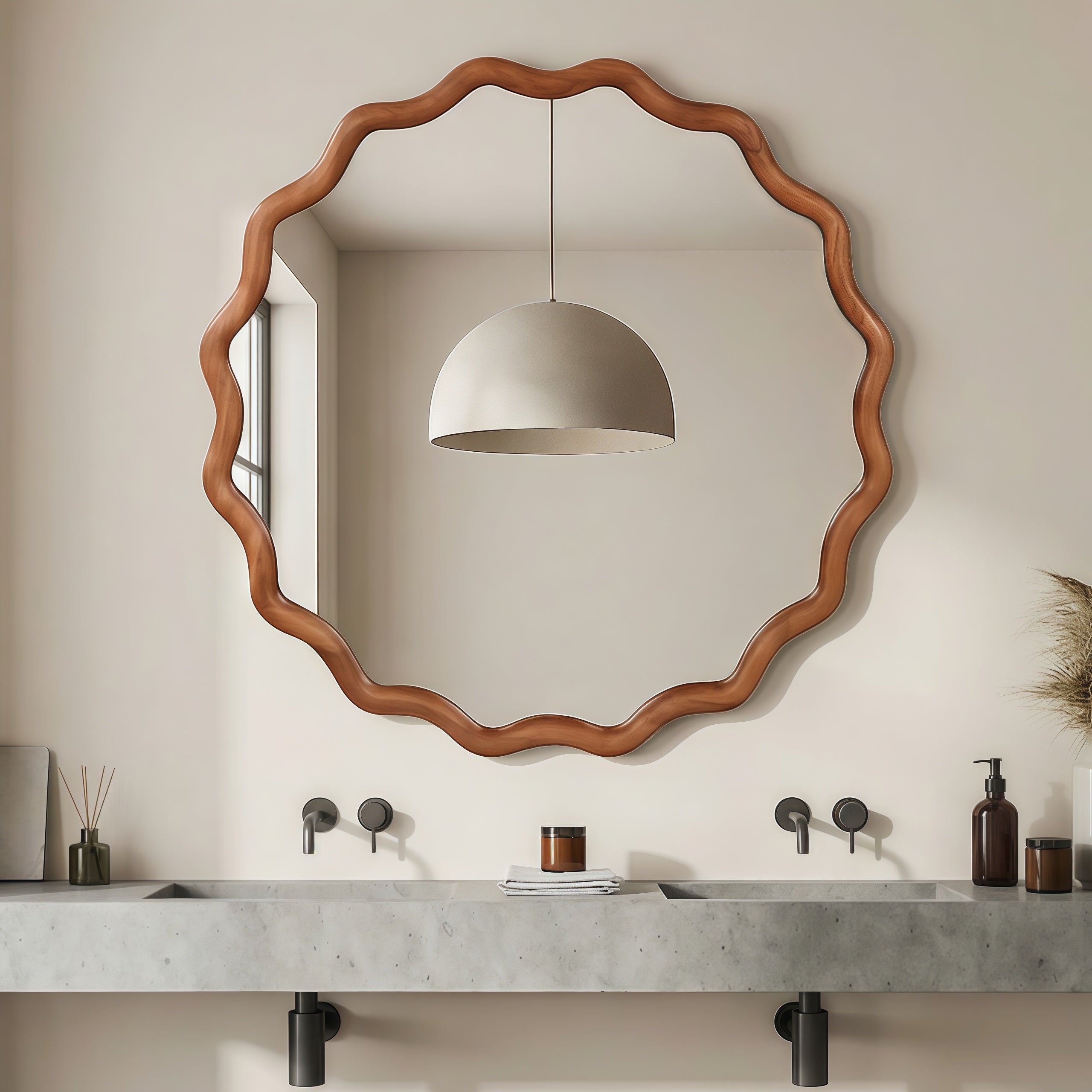 Wavy Round Solid Wood Frame Decorative Wall Mirror, 24" & 30", for Bedroom, Bathroom, Living Room & Entryway